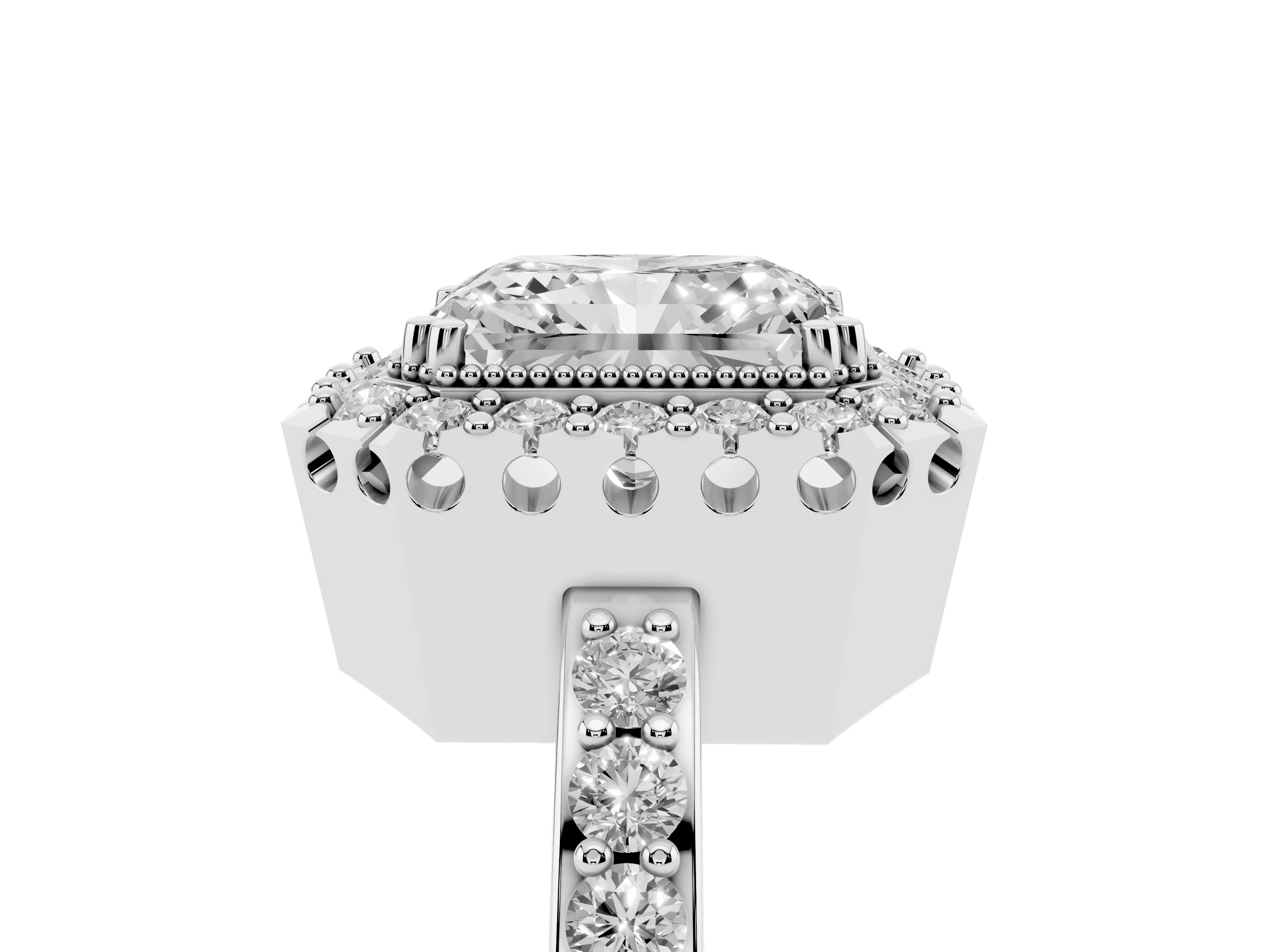Radiant Cut Diamond Halo Ring Set in White gold with Pavé Shank and Prong Setting