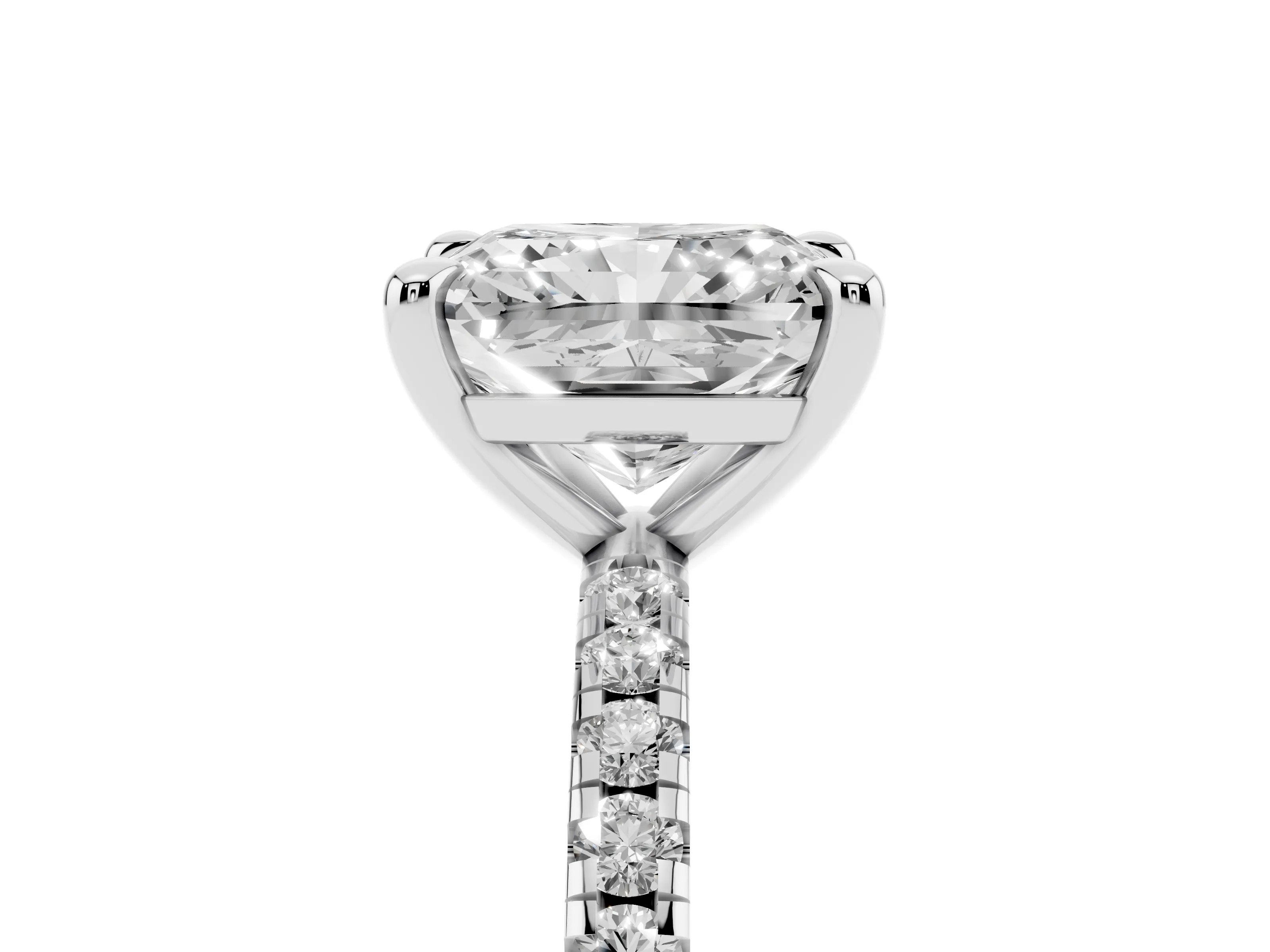 Radiant Cut Diamond Brilliant Solitaire Ring Set in White gold with Pavé Band and Prong Setting