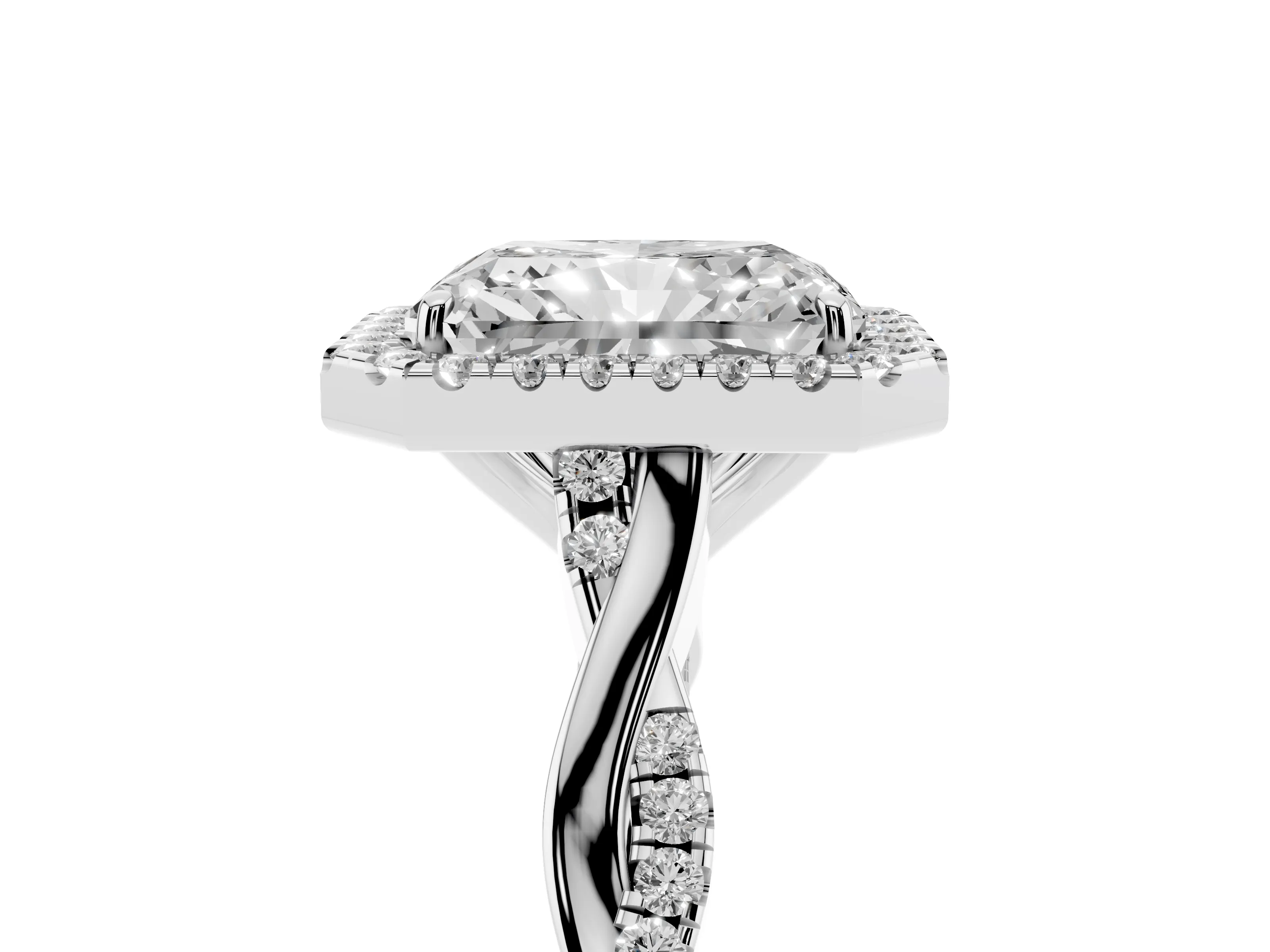 Radiant Cut Diamond Halo Twist Band Solitaire Ring Set in White gold with Prong Setting
