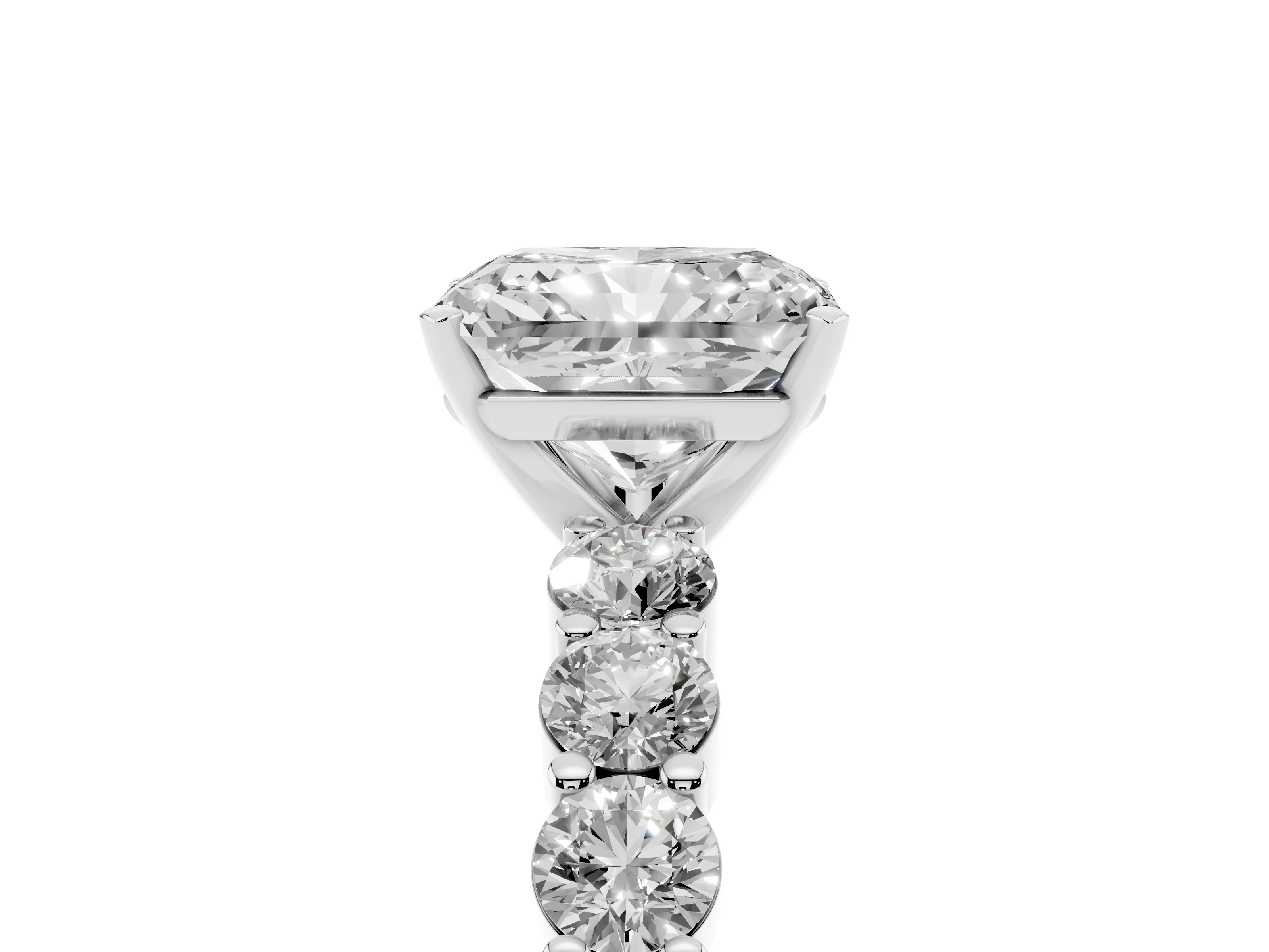 Radiant Cut Diamond Solitaire Ring Set in Silver with Shared Prong Round Side Stones
