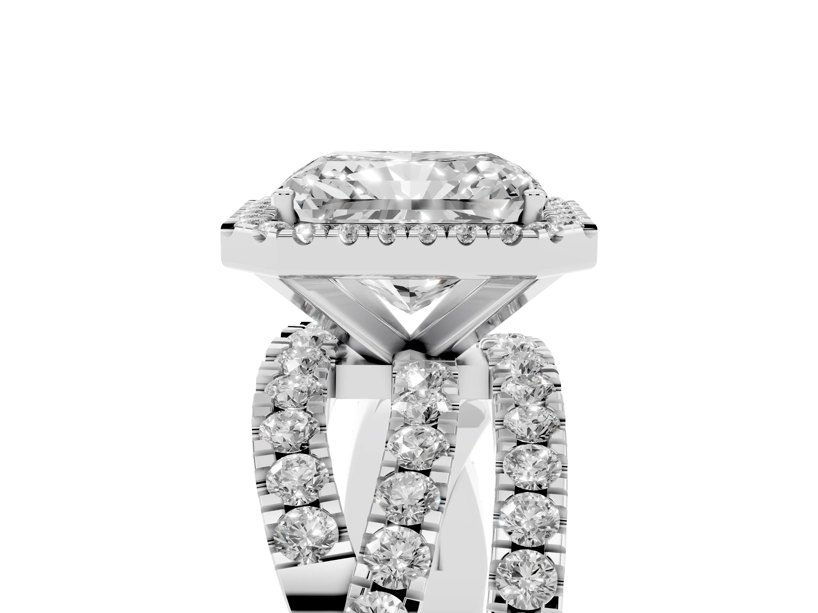 Radiant Cut Diamond Halo Ring Set in Platinum with Round Crossover Split Shank and Prong Setting