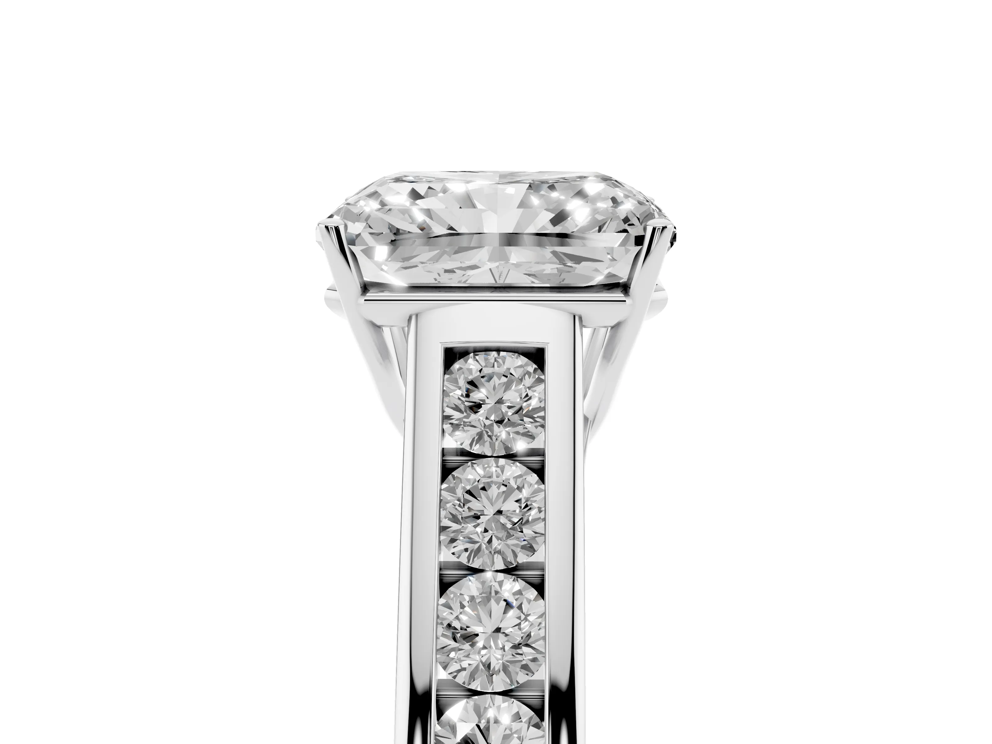 Radiant Cut Diamond Brilliant Channel-Set Solitaire Ring Set in White gold with Prong Setting