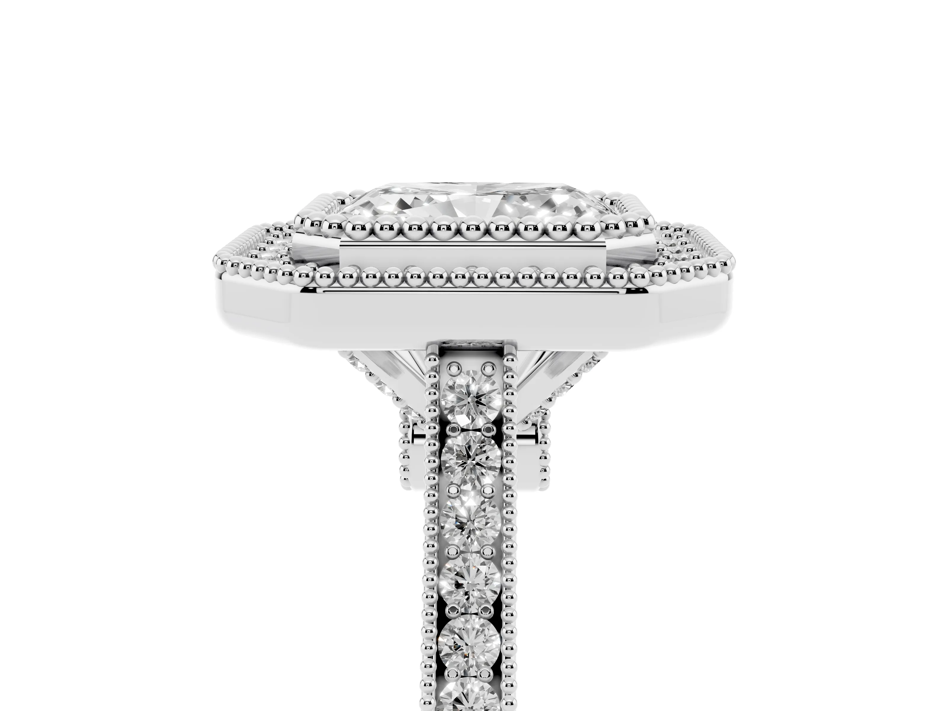Radiant Cut Diamond Halo Ring Set in White gold with Milgrain Frame and Pavé Band