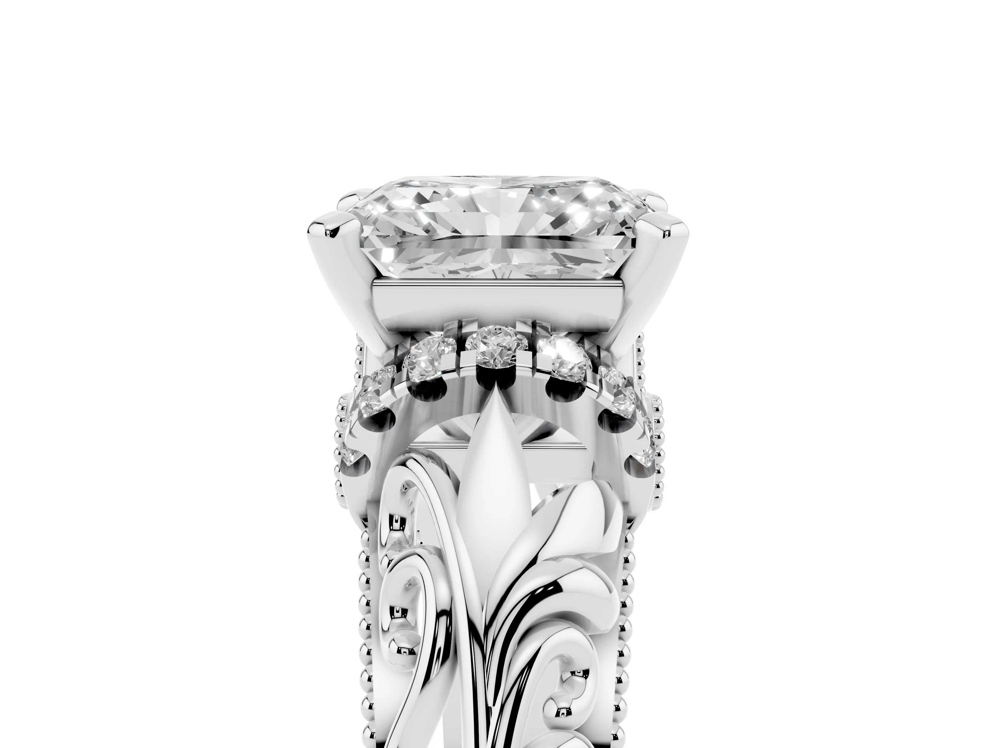 Radiant Cut Diamond Filigree Halo Engagement Ring Set in Silver with Prong Setting