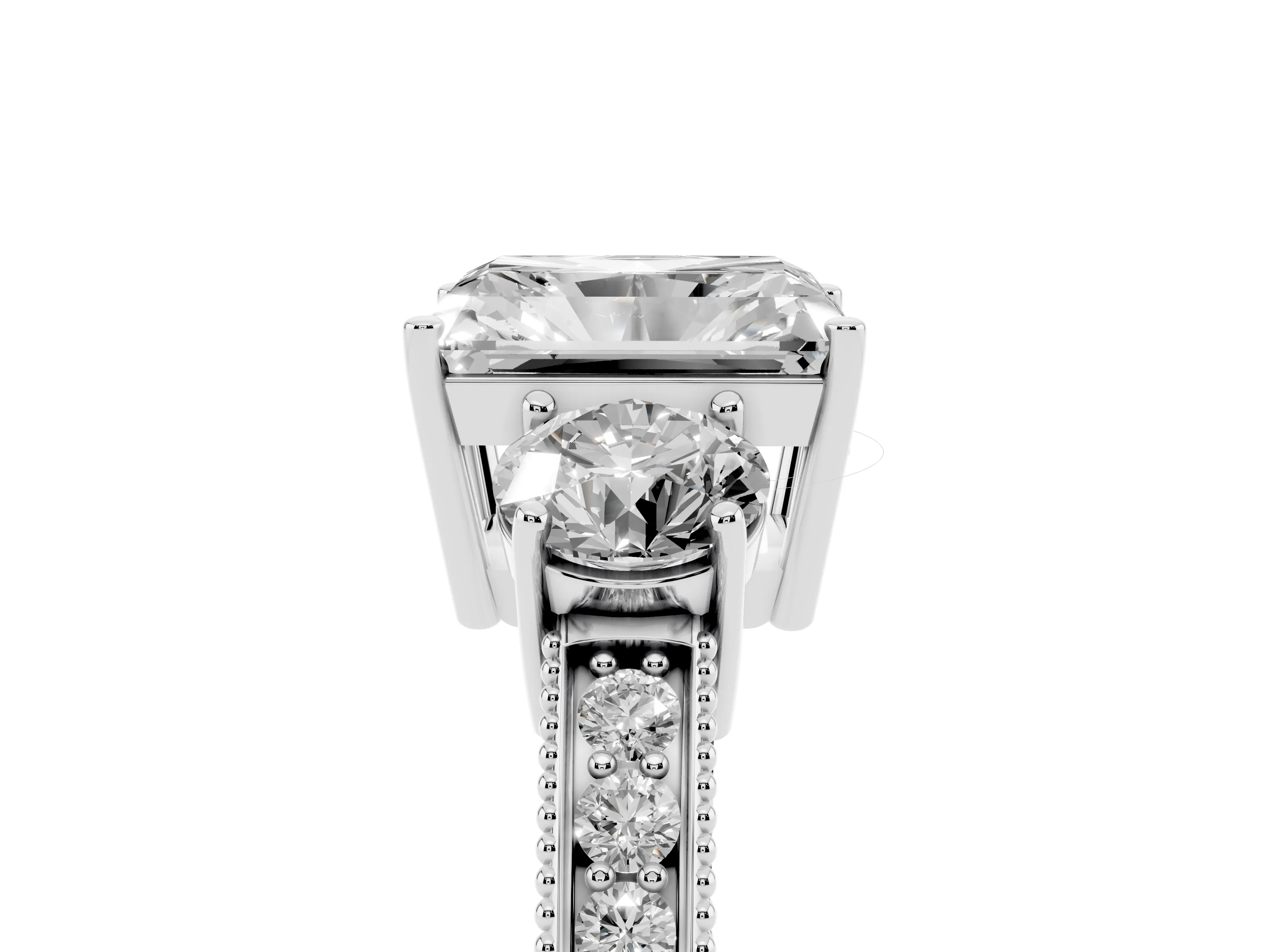 Radiant Cut Diamond Three-Stone Ring Set in White gold with Round Side Stones and Pavé Band