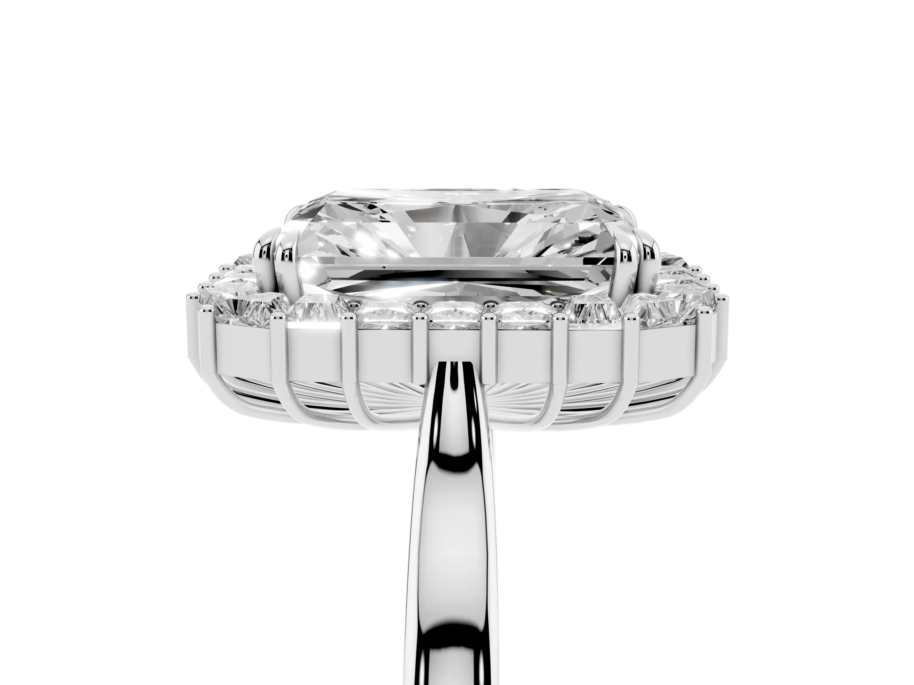Radiant Diamond Baguette Halo Ring Set in Platinum with Round Accents and Slim Band