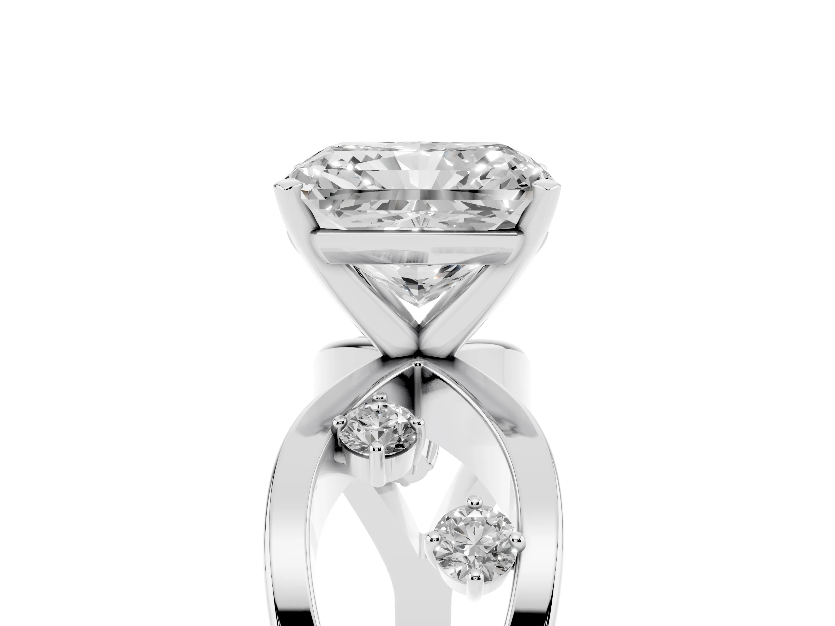 Radiant Cut Diamond Solitaire Ring Set in Platinum with Side Stones on Criss-Cross Band and Prong Setting