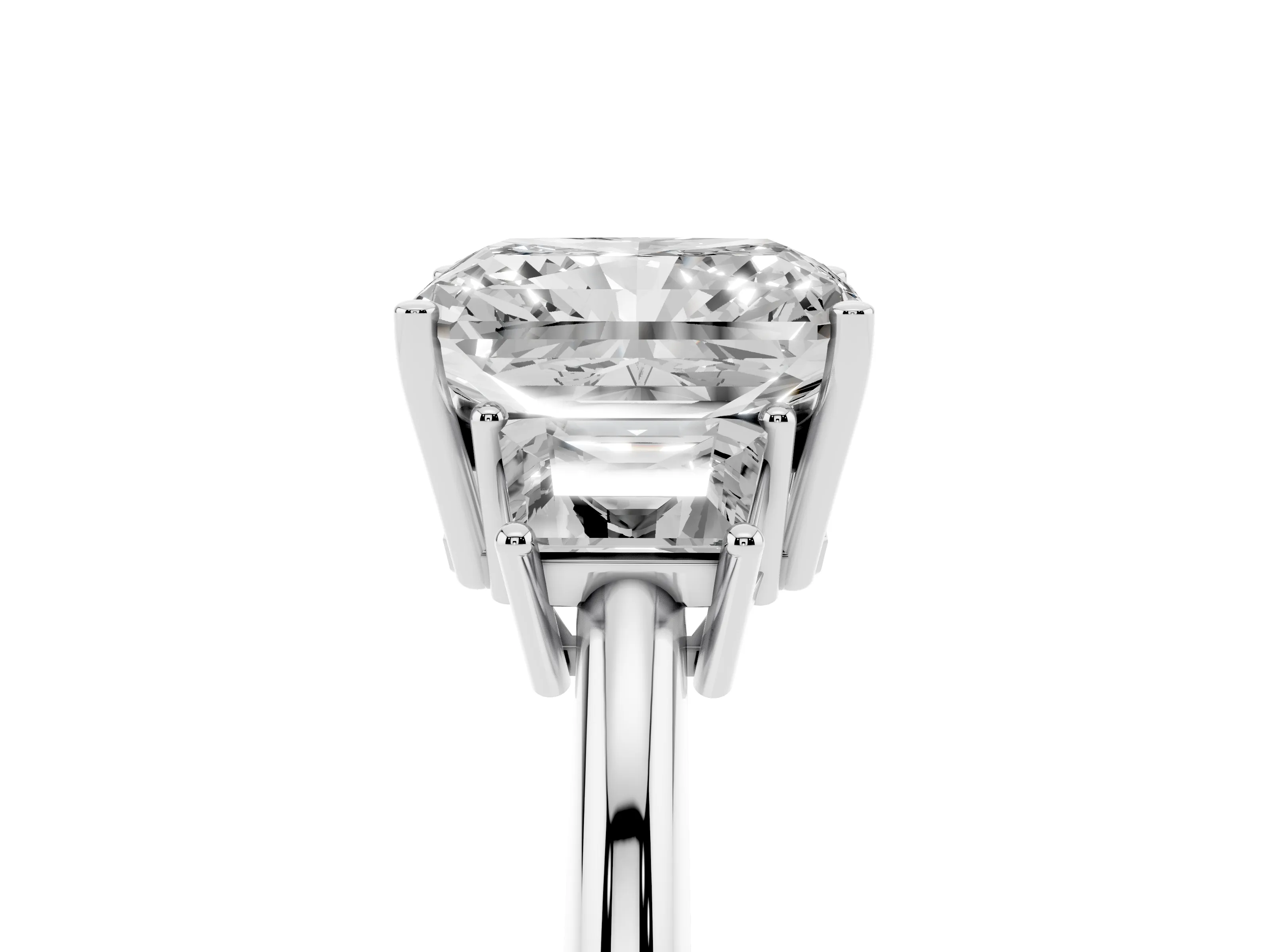 Radiant Cut Diamond Three-Stone Ring Set in Platinum with Trapezoid Side Stones and Prong Setting