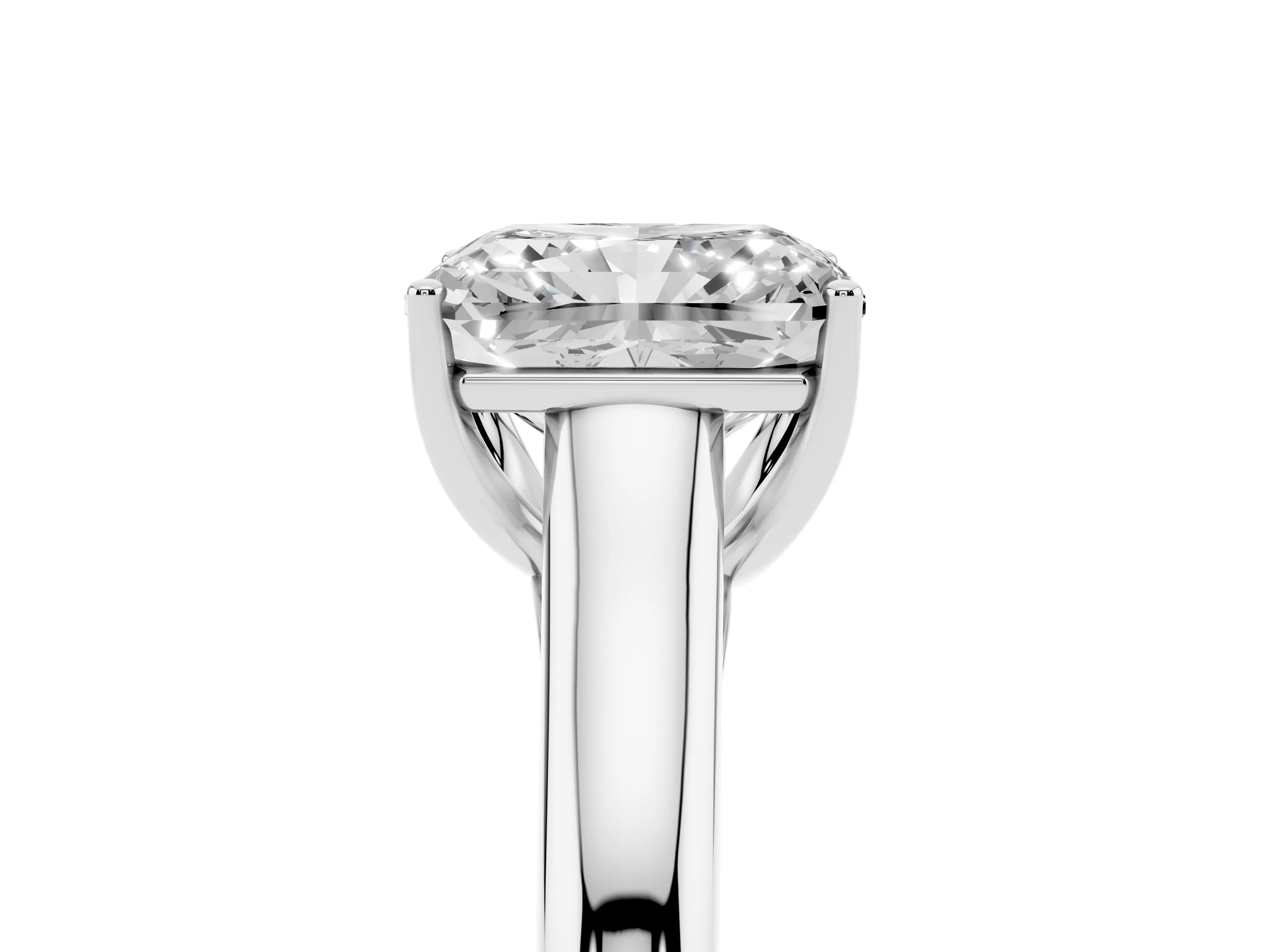 Radiant Cut Diamond Solitaire Engagement Ring Set in Silver with Subtly Tapered Band and Prong Setting
