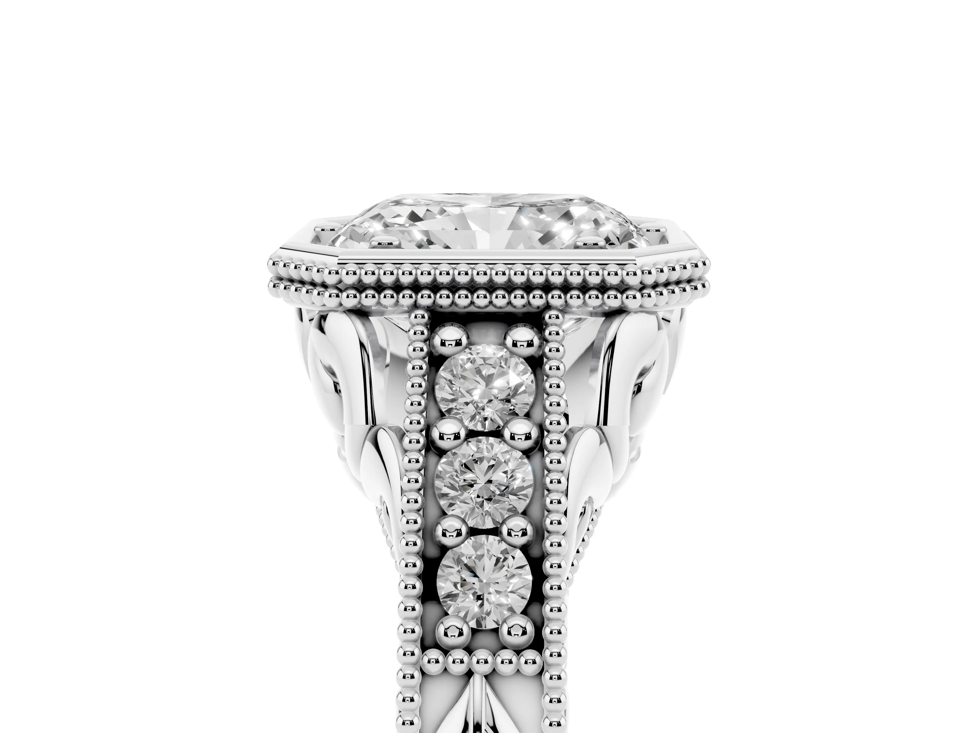 Bezel Set Radiant Cut Diamond Milgrain Pavé Engagement Ring Set in Platinum