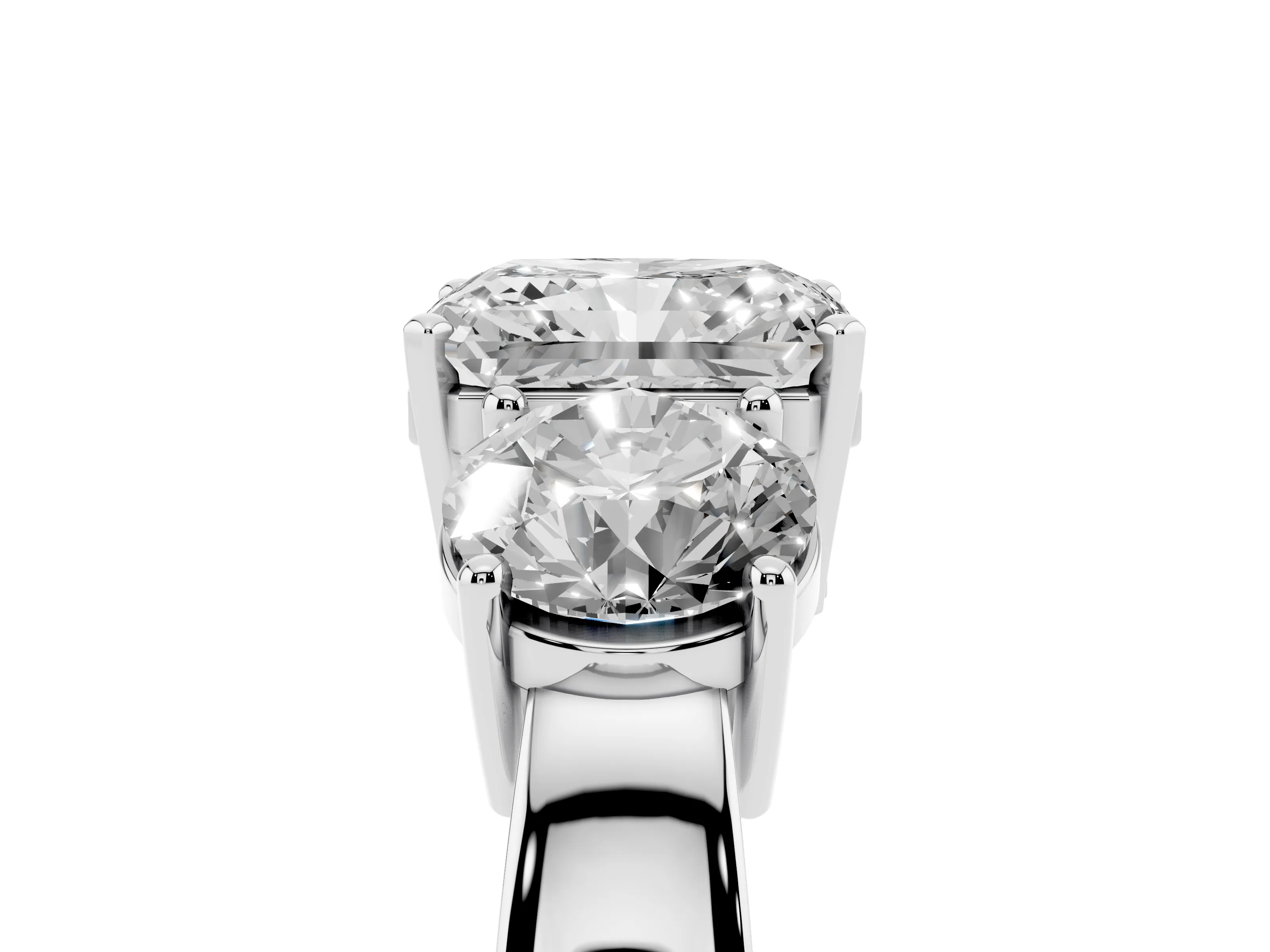 Radiant Cut Diamond Three-Stone Ring Set in Platinum with Round Side Stones and Classic Band