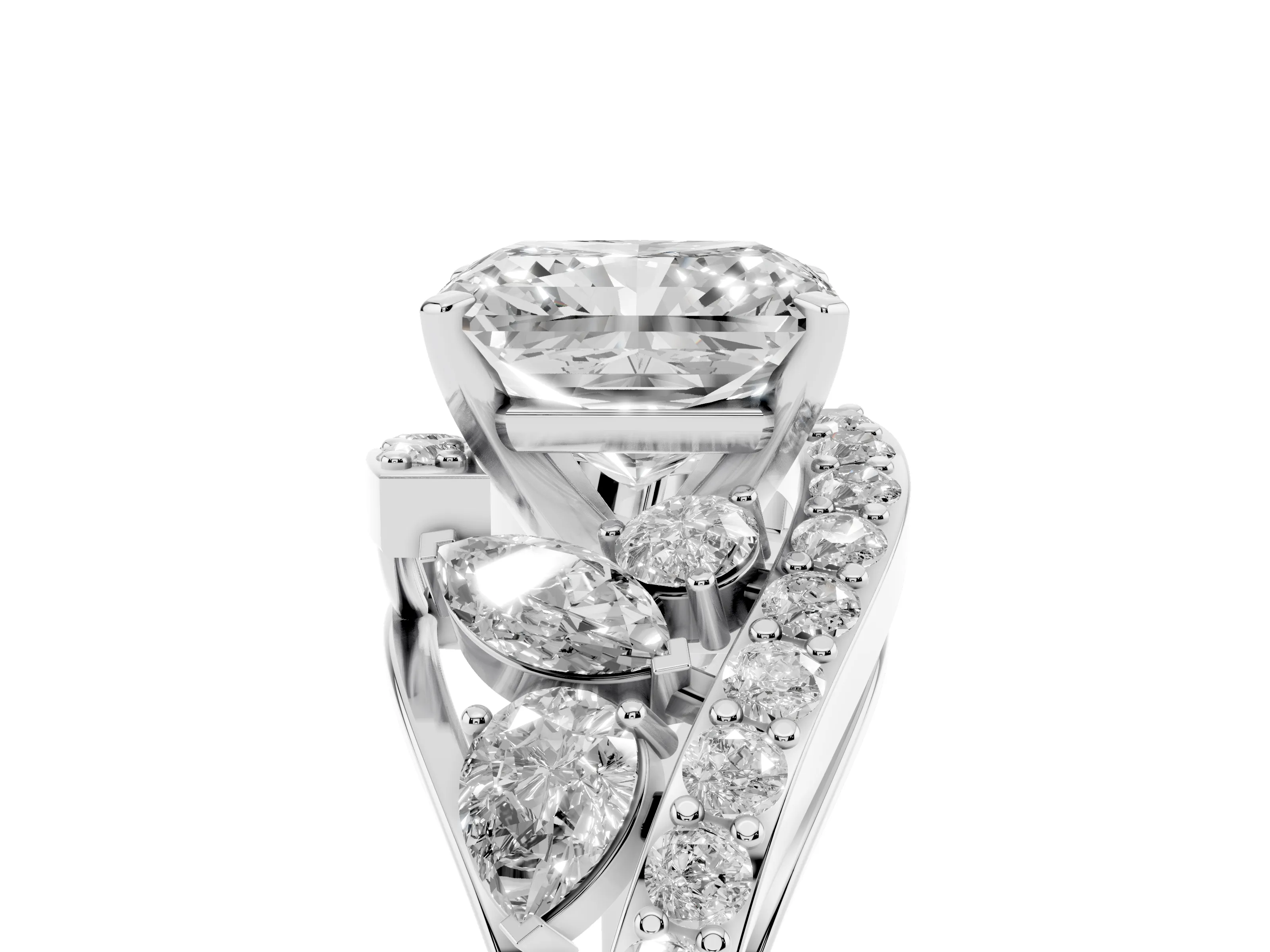 Radiant Cut Diamond Halo Ring Set in Platinum with Marquise and Pavé Band in Prong Setting