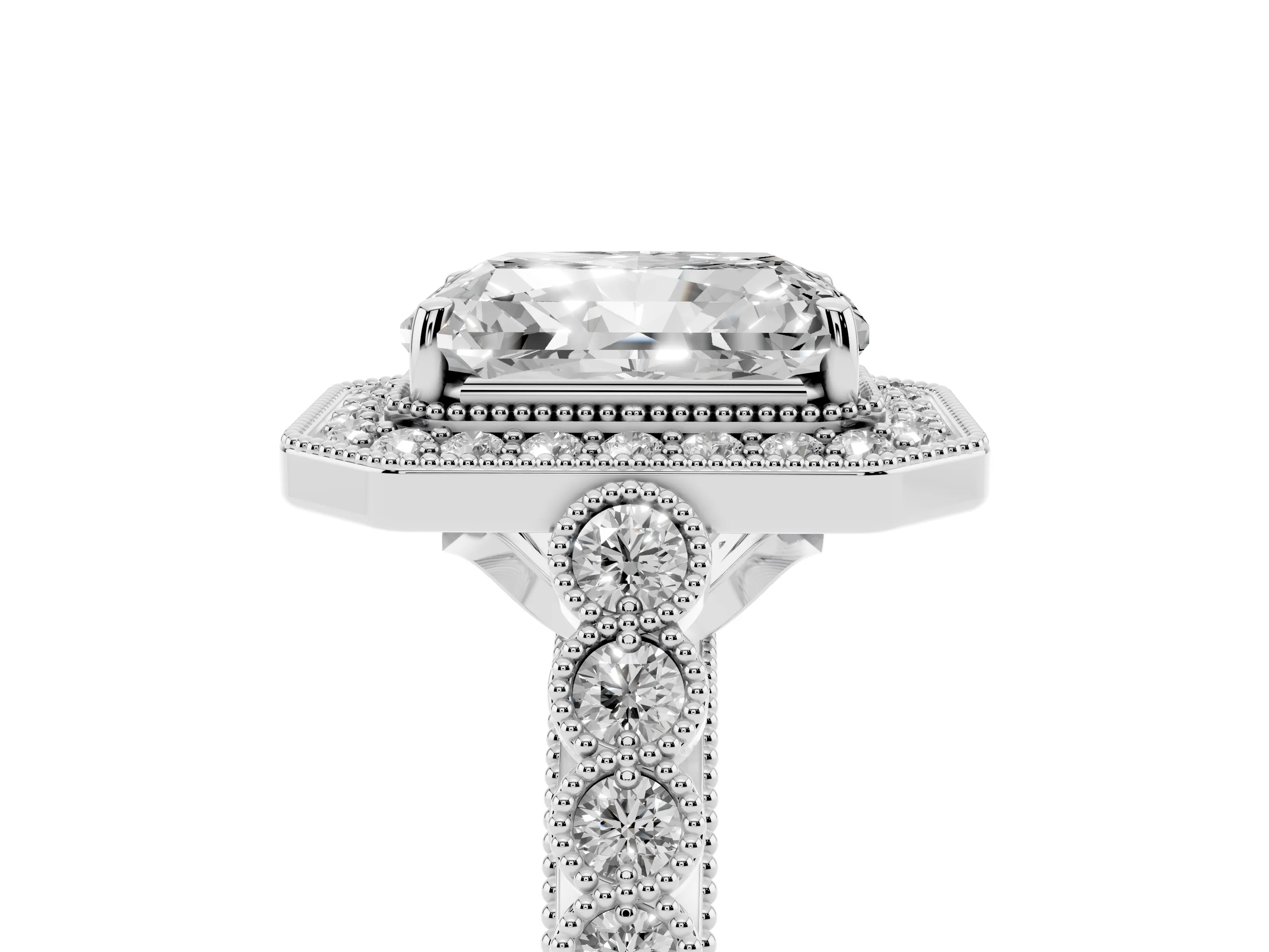 Radiant Cut Diamond Milgrain Halo Solitaire Ring Set in Platinum with Bezel Set Side Stones and Pavé Band