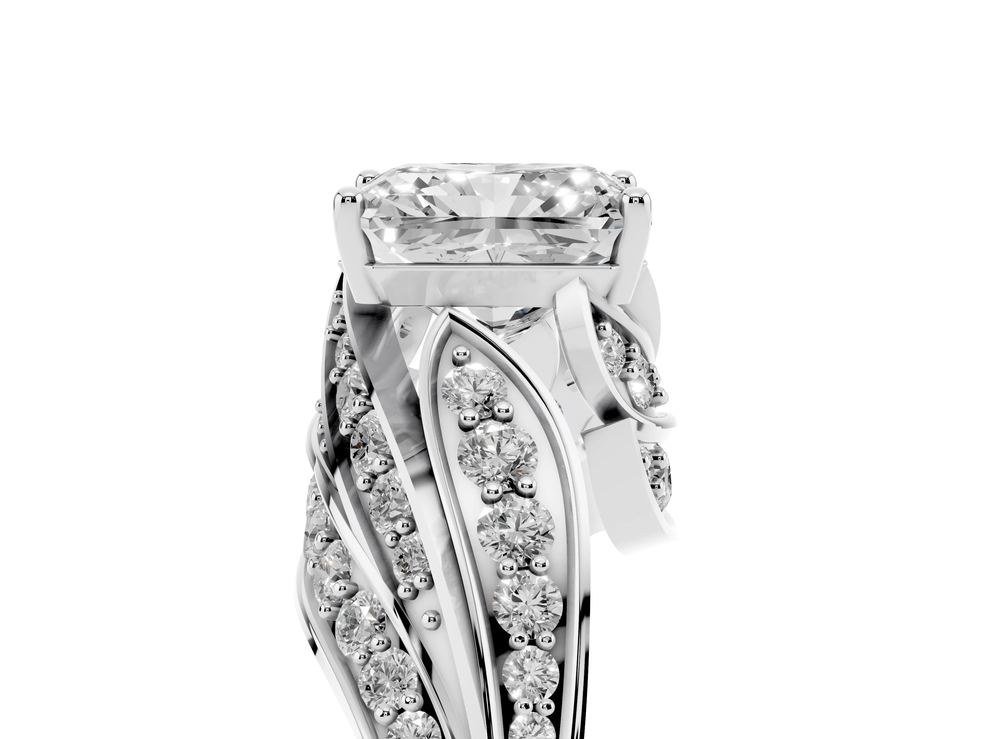 Radiant Cut Diamond Solitaire Ring Set in Platinum with Layered Twist Pavé Band