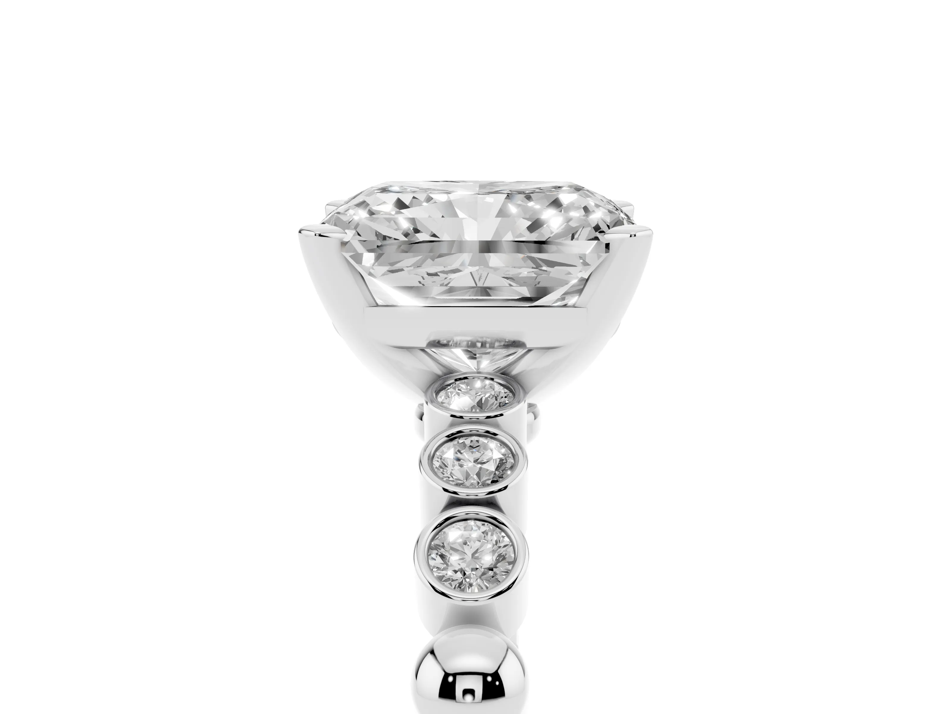 Radiant Cut Diamond Solitaire Engagement Ring Set in White gold with Bezel Accents on Beaded Band