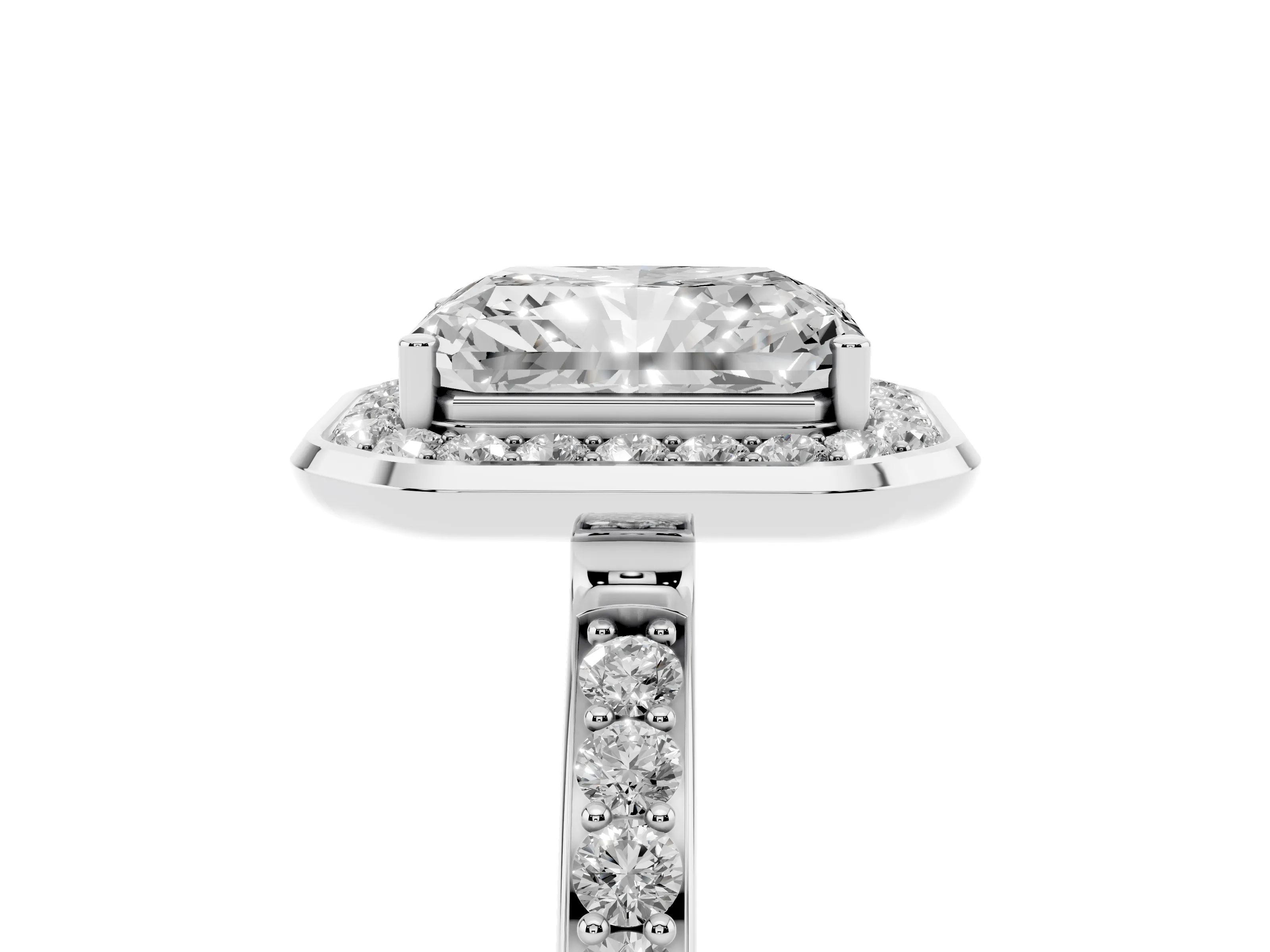 Radiant Cut Diamond Halo Ring Set in White gold with Bezel Frame and Pavé Band