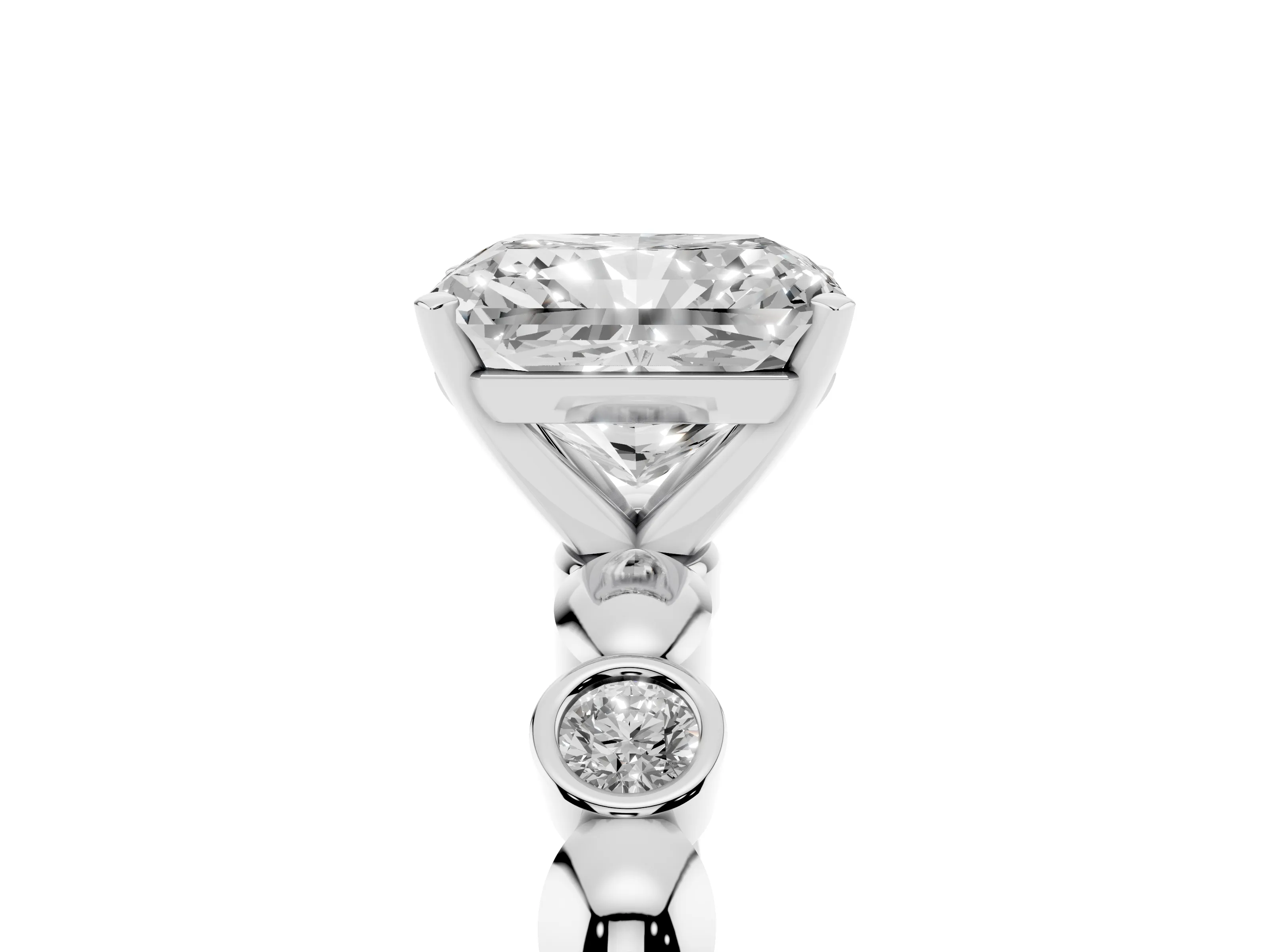 Radiant Cut Diamond Solitaire Ring Set in Silver with Bezel-Set Accents on Beaded Band and Prong Setting