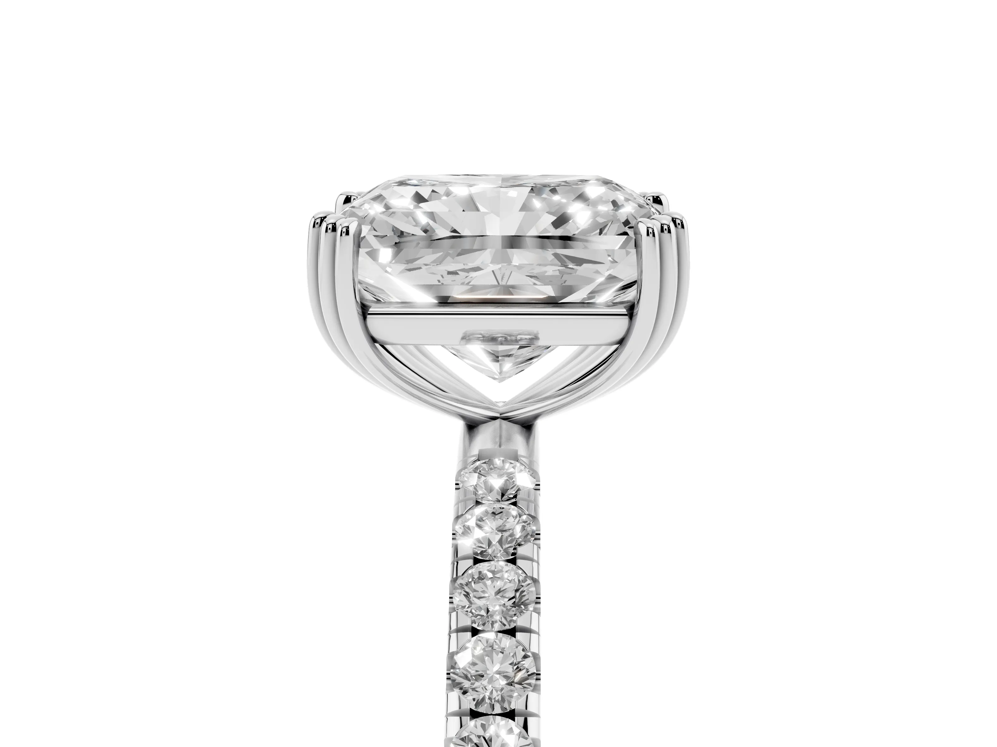 Radiant Cut Diamond Brilliant Solitaire Set in White gold with Pavé Band and Claw Prong Setting