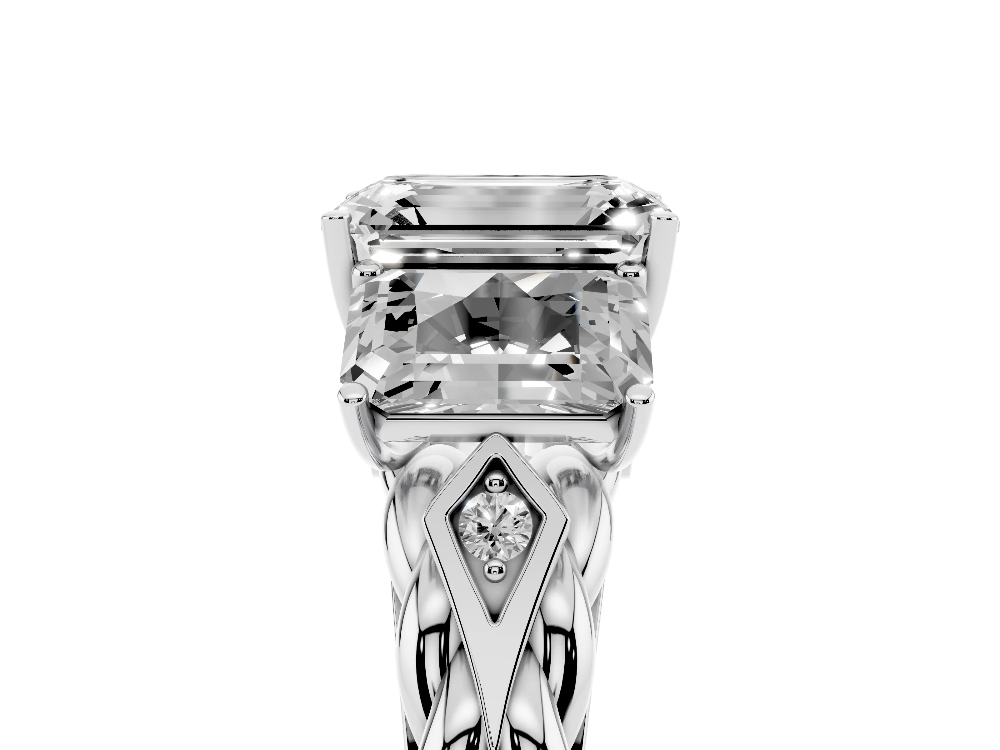 Radiant Cut Diamond Three-Stone Ring Set in Platinum with Braided Band
