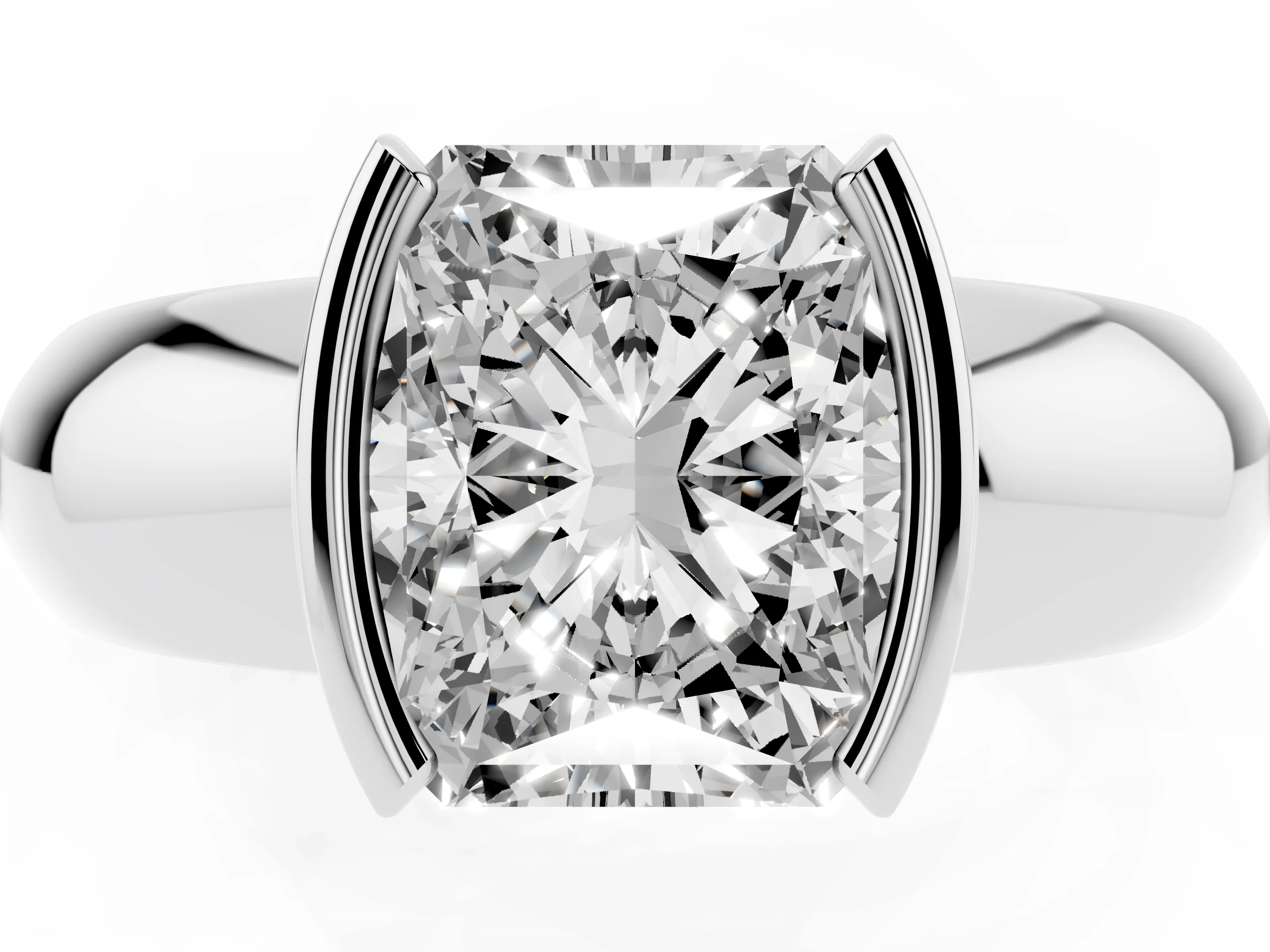 Radiant Cut Diamond Solitaire Tension Set Ring Set in White gold with Wide Band
