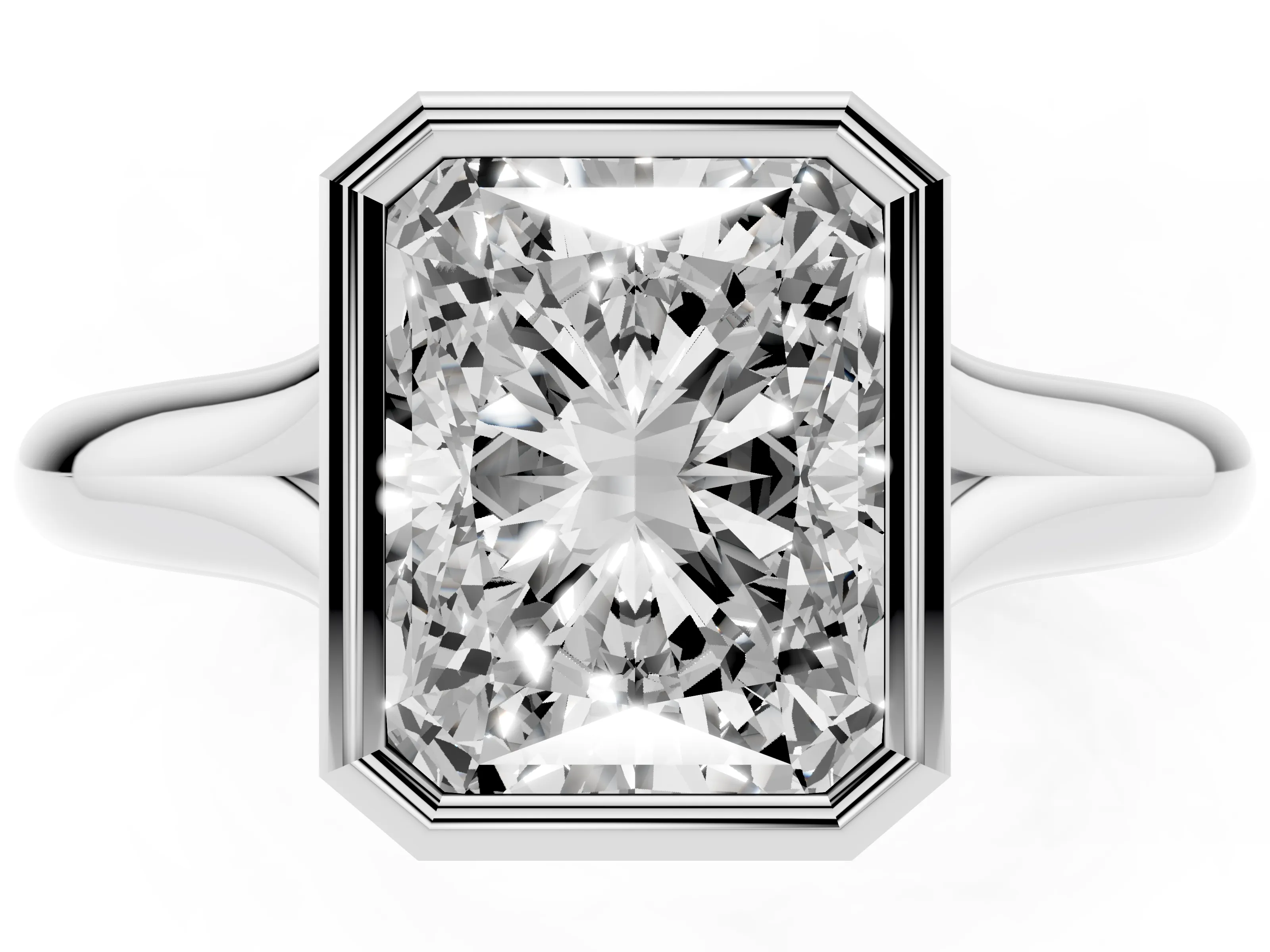Bezel Set Radiant Cut Diamond Solitaire Ring Set in Platinum with Smooth Band