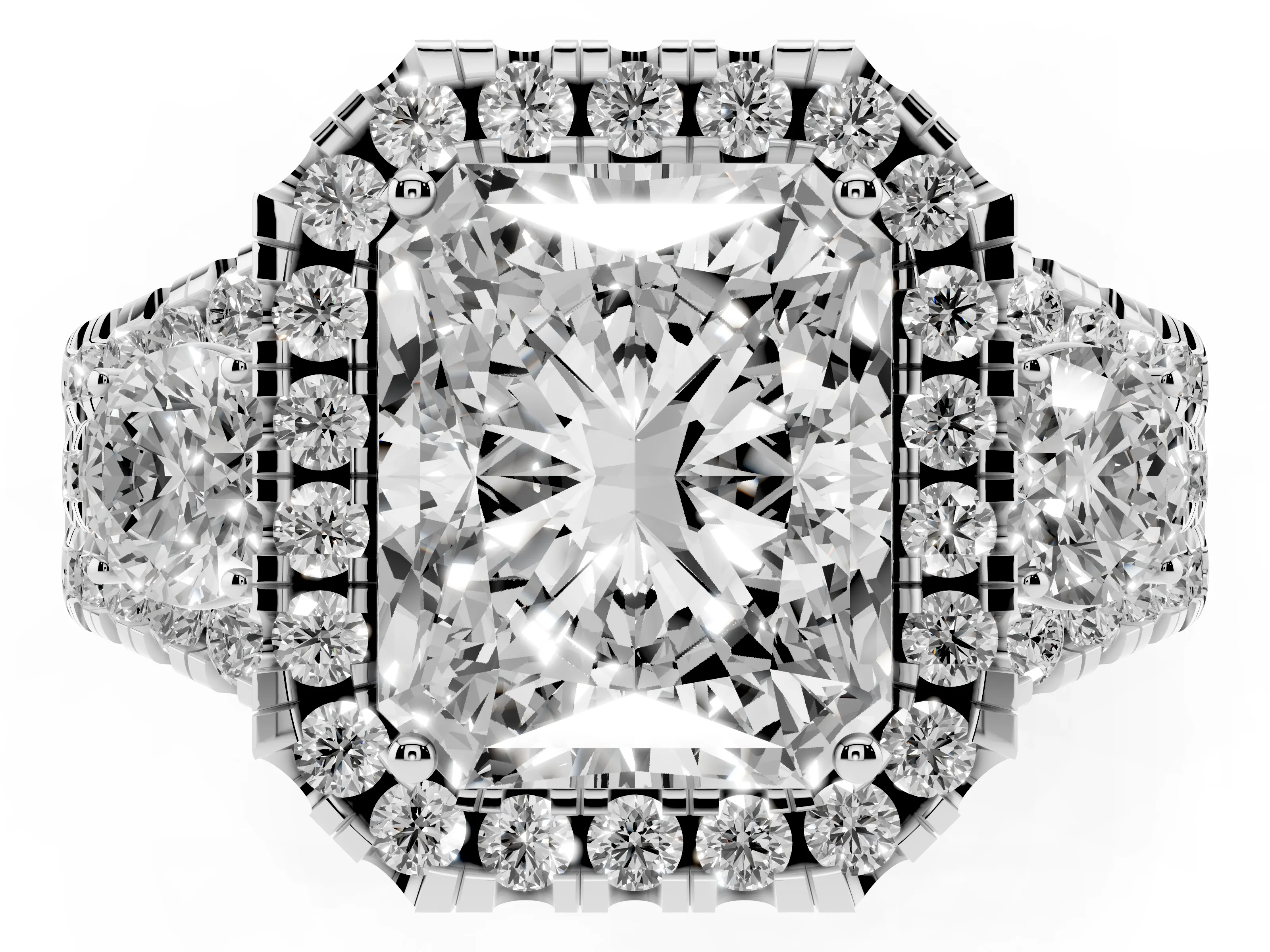 Radiant Cut Diamond Halo Split Shank Ring Set in Silver with Round Accent Stones and Prong Setting