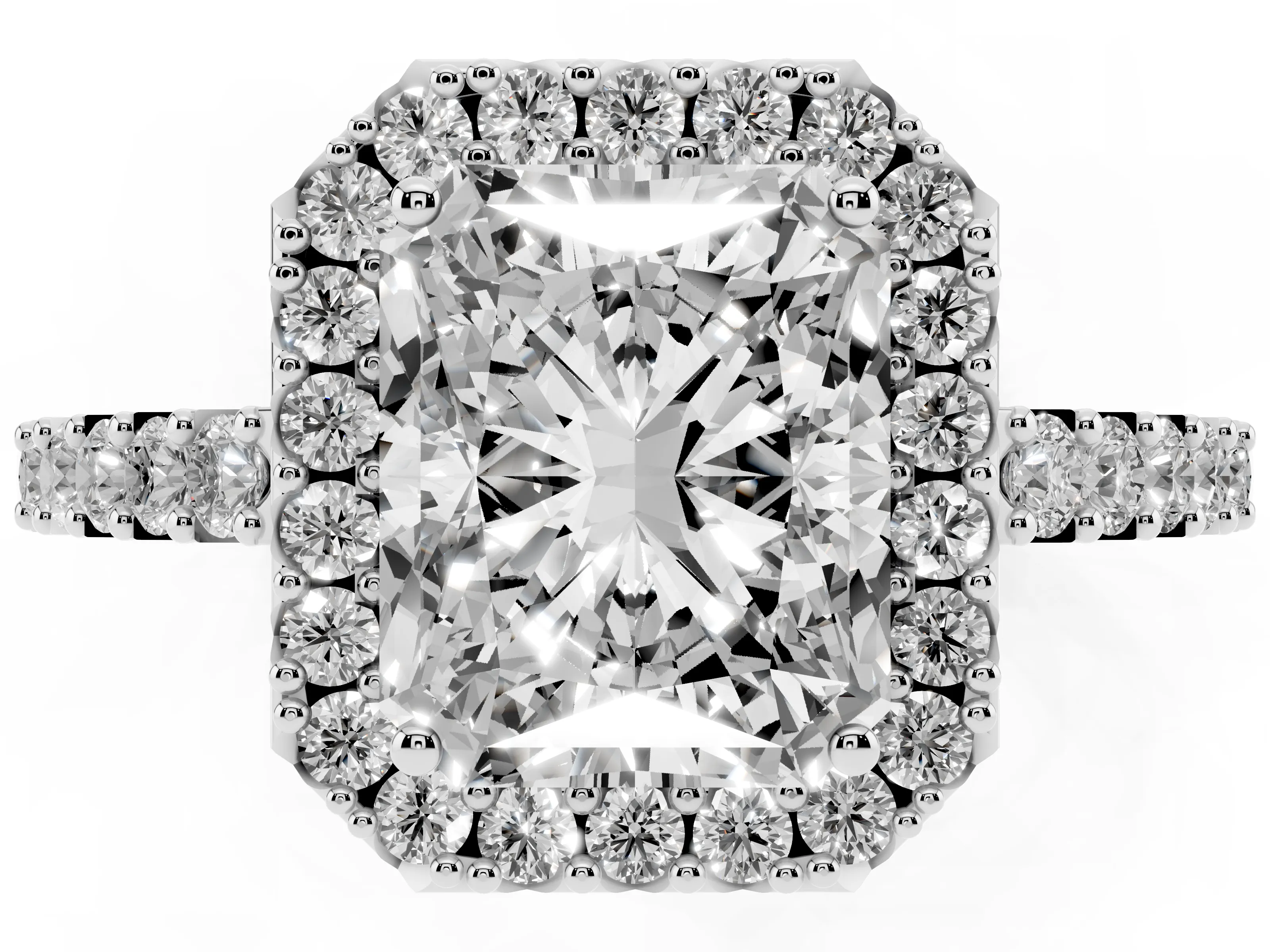 Radiant Cut Diamond Halo Pavé Solitaire Ring Set in Platinum with Prong-Set Center Stone