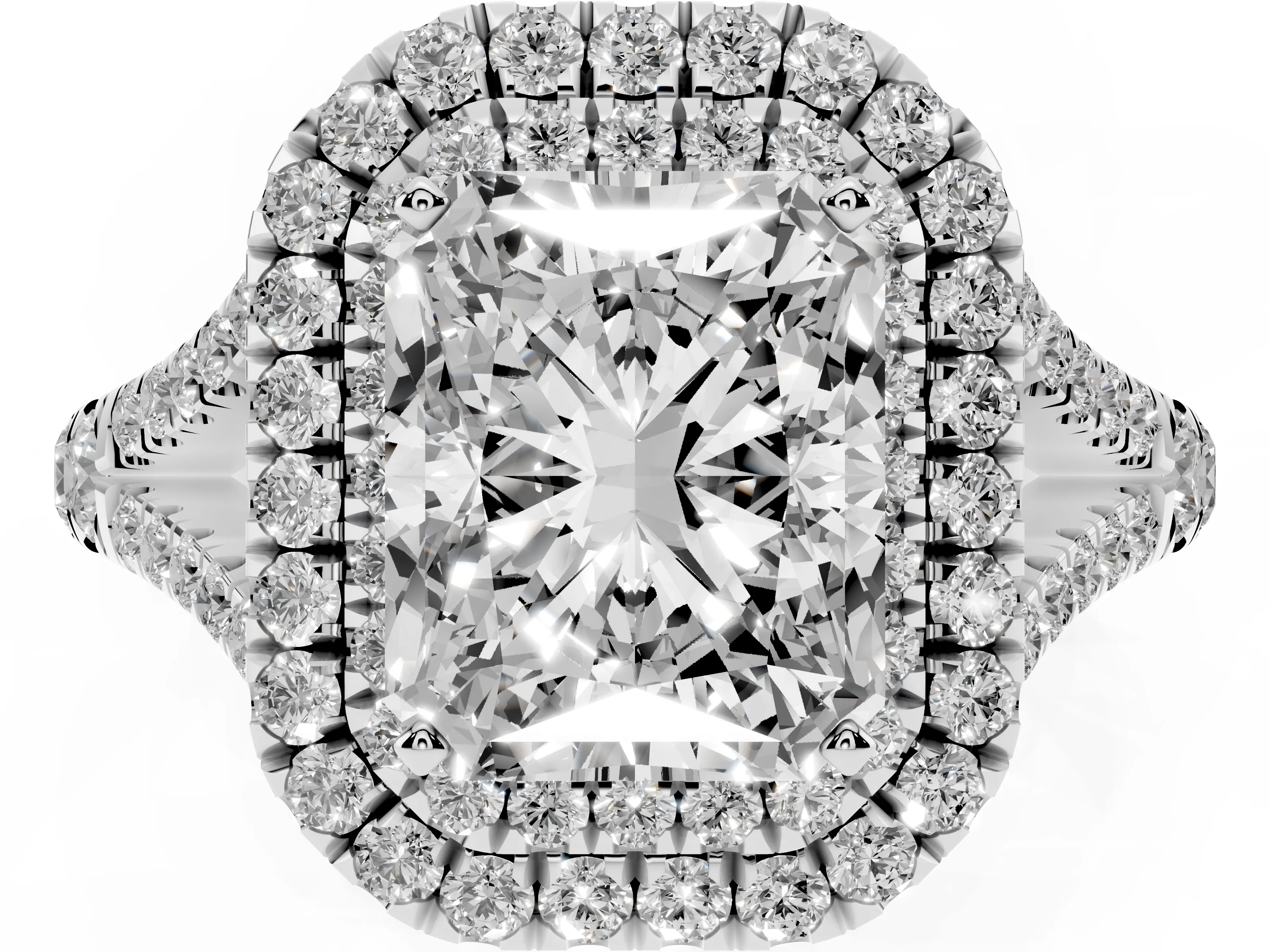 Radiant Cut Diamond Pavé Split Shank Double Halo Engagement Ring Set in White gold