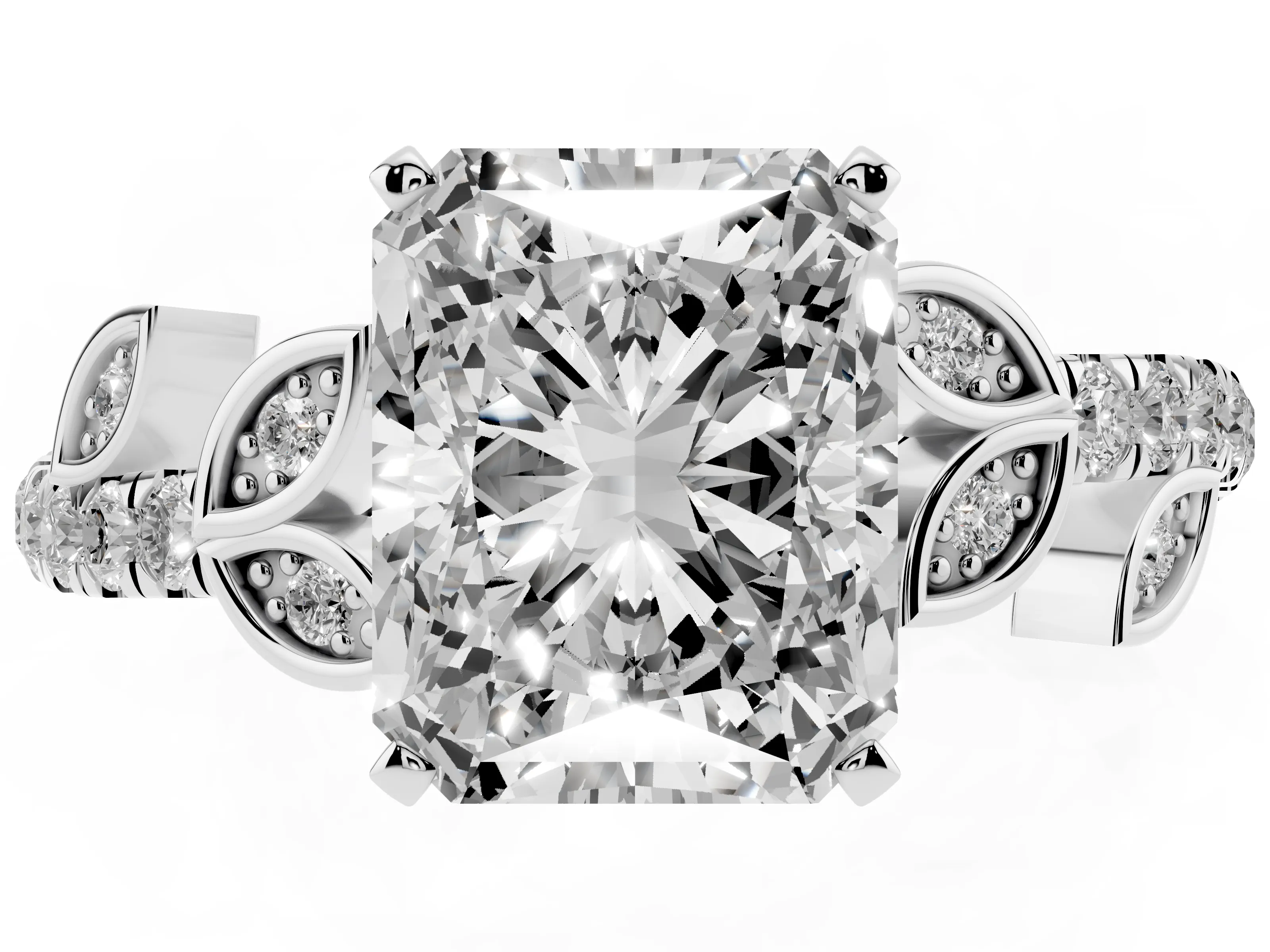 Radiant Cut Diamond Solitaire Leaf-Inspired Ring Set in Platinum with Pavé Band and Prong Setting