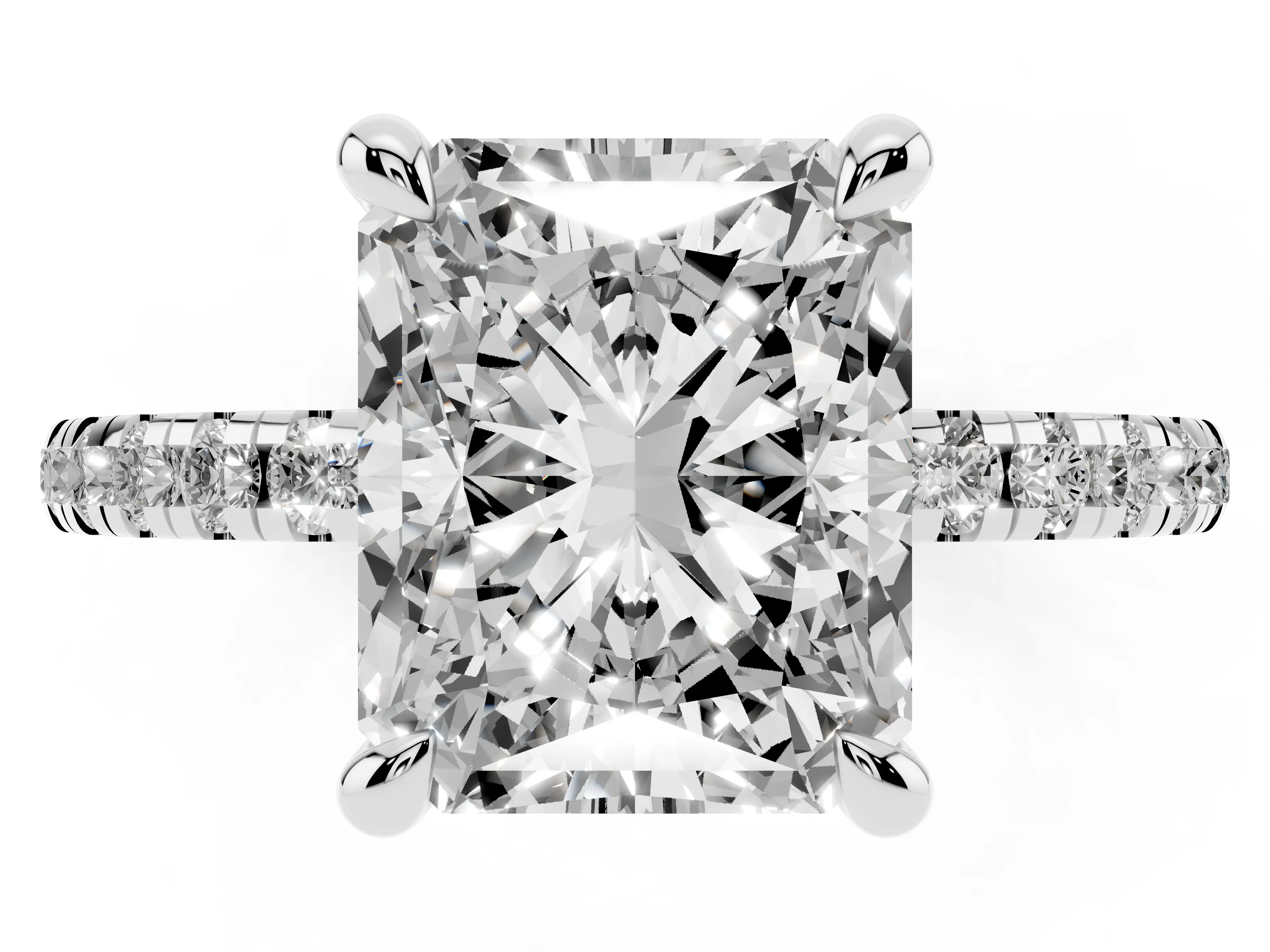 Radiant Cut Diamond Brilliant Solitaire Ring Set in White gold with Pavé Band and Prong Setting