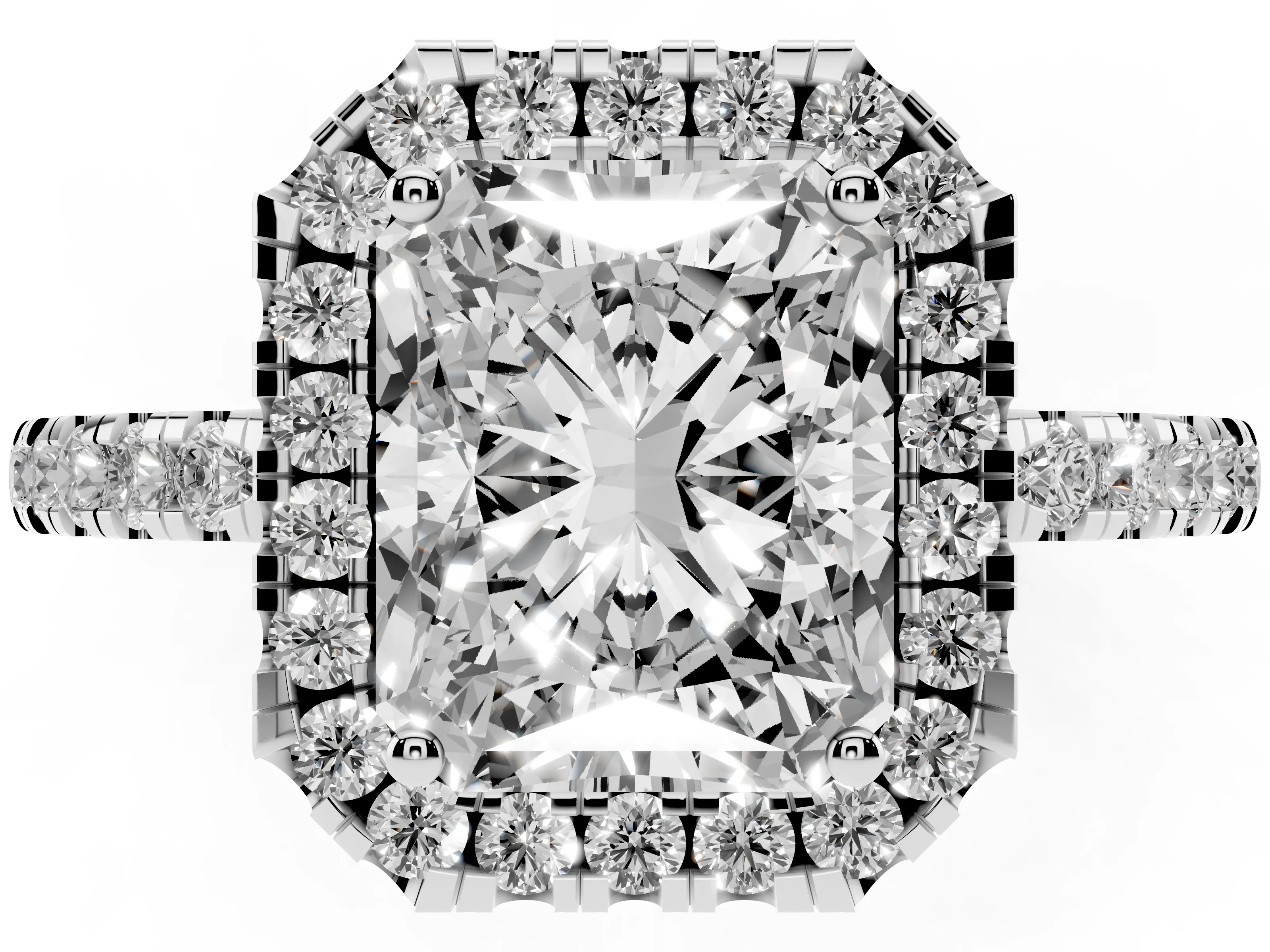 Radiant Cut Diamond Pavé Band Halo Engagement Ring Set in Platinum with Prong Setting