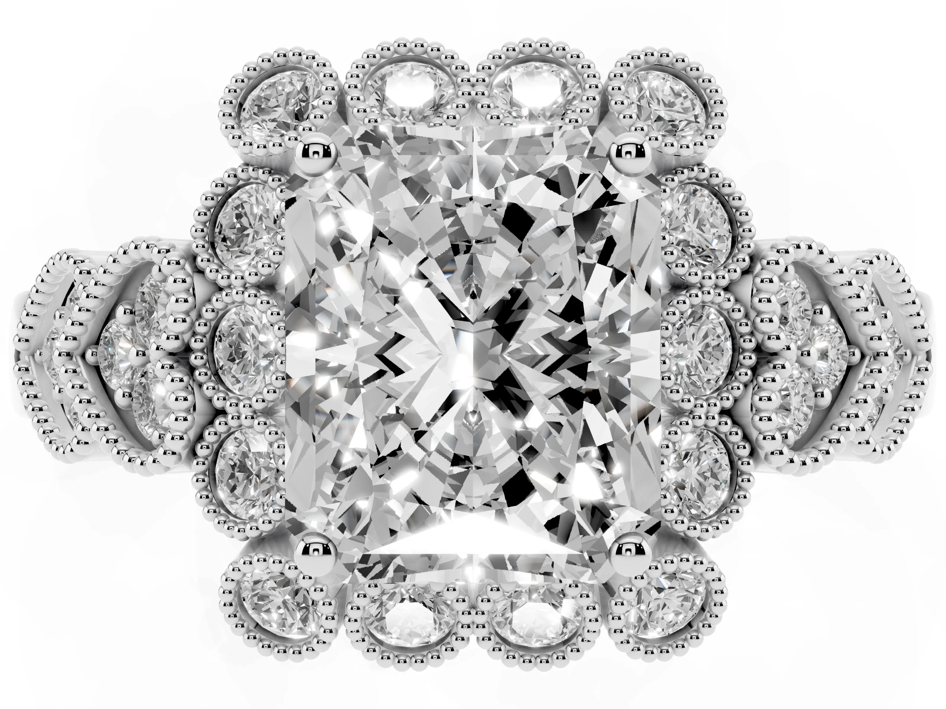 Radiant Cut Diamond Solitaire Ring Set in White gold with Milgrain Pavé Heart Band