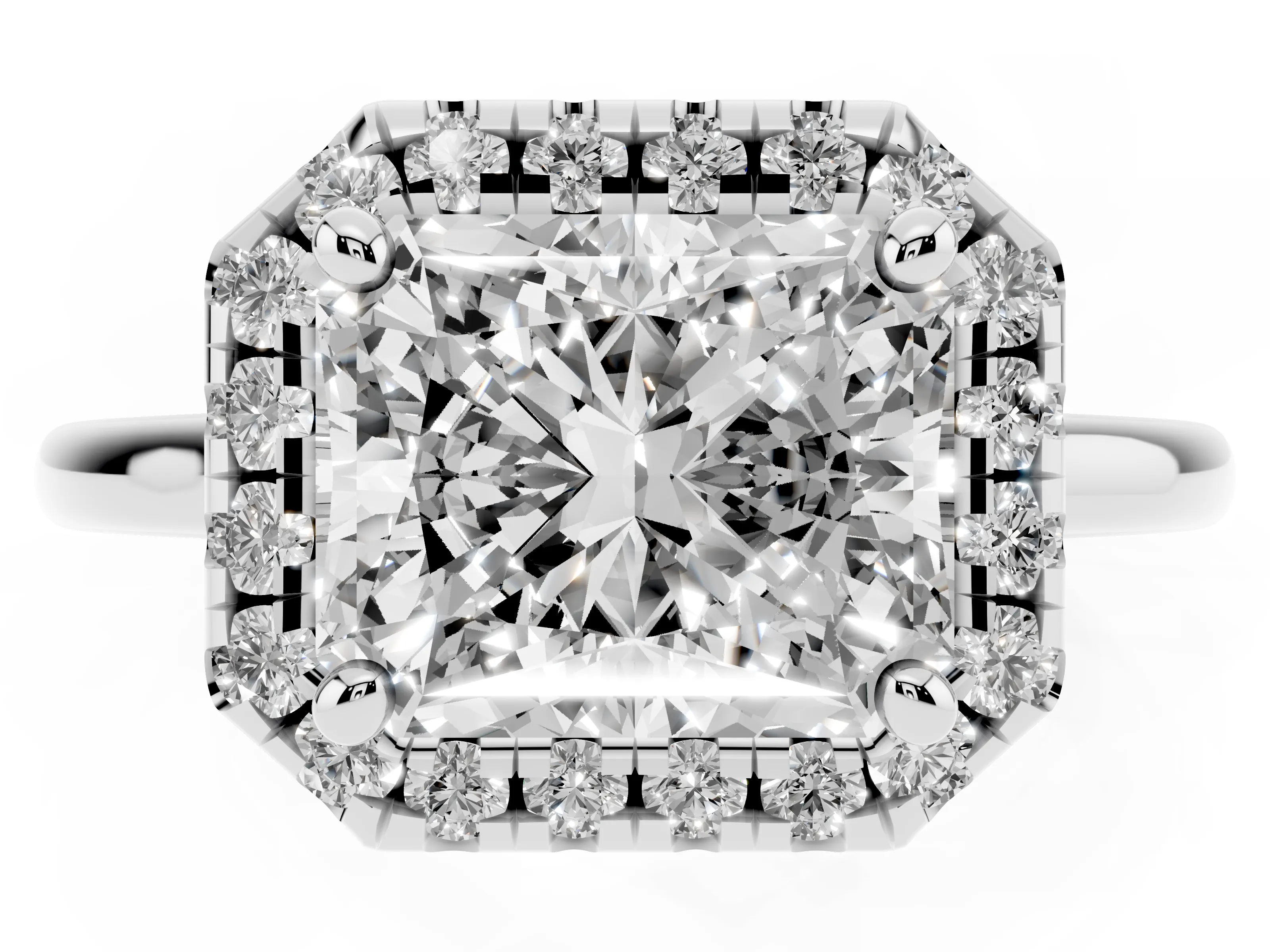 Radiant Cut Diamond Halo Engagement Ring Set in Silver with Pavé Band and Rising Shoulders