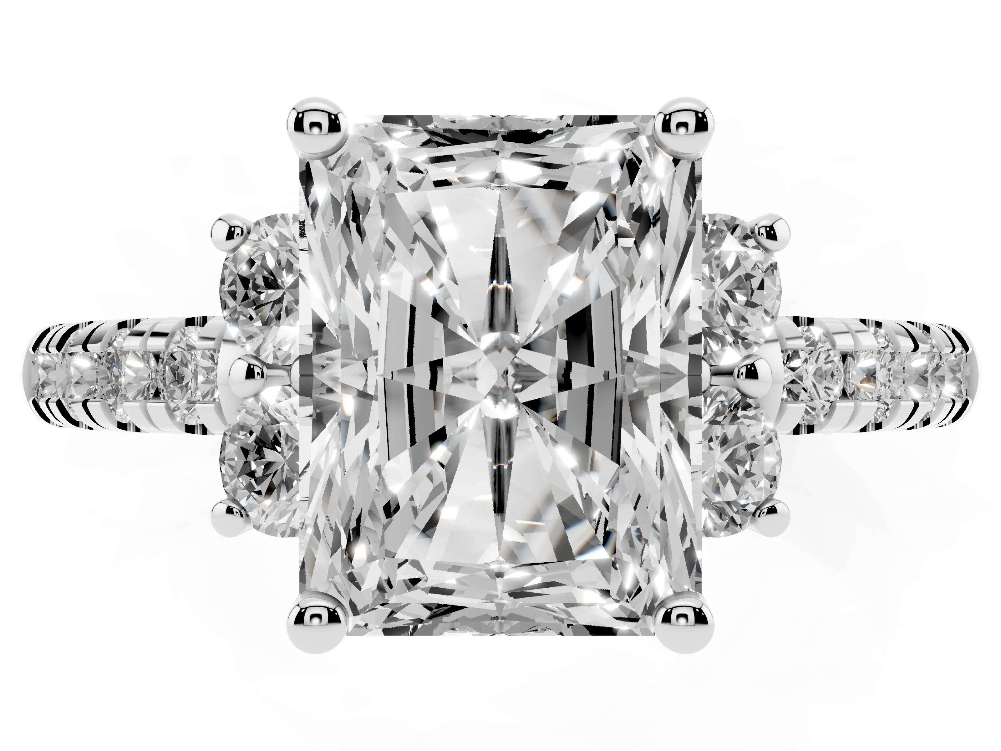 Radiant Cut Diamond Three-Stone Pavé Ring Set in Silver with Prong Setting