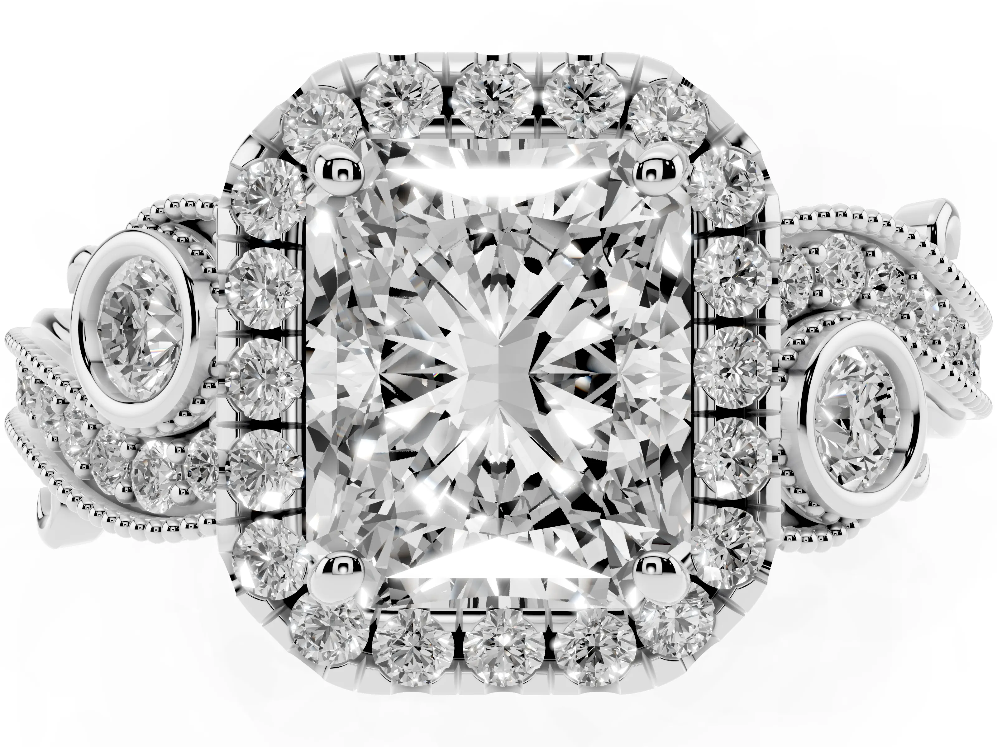 Radiant Cut Diamond Halo Ring Set in Silver with Milgrain Pavé Band and Prong Setting