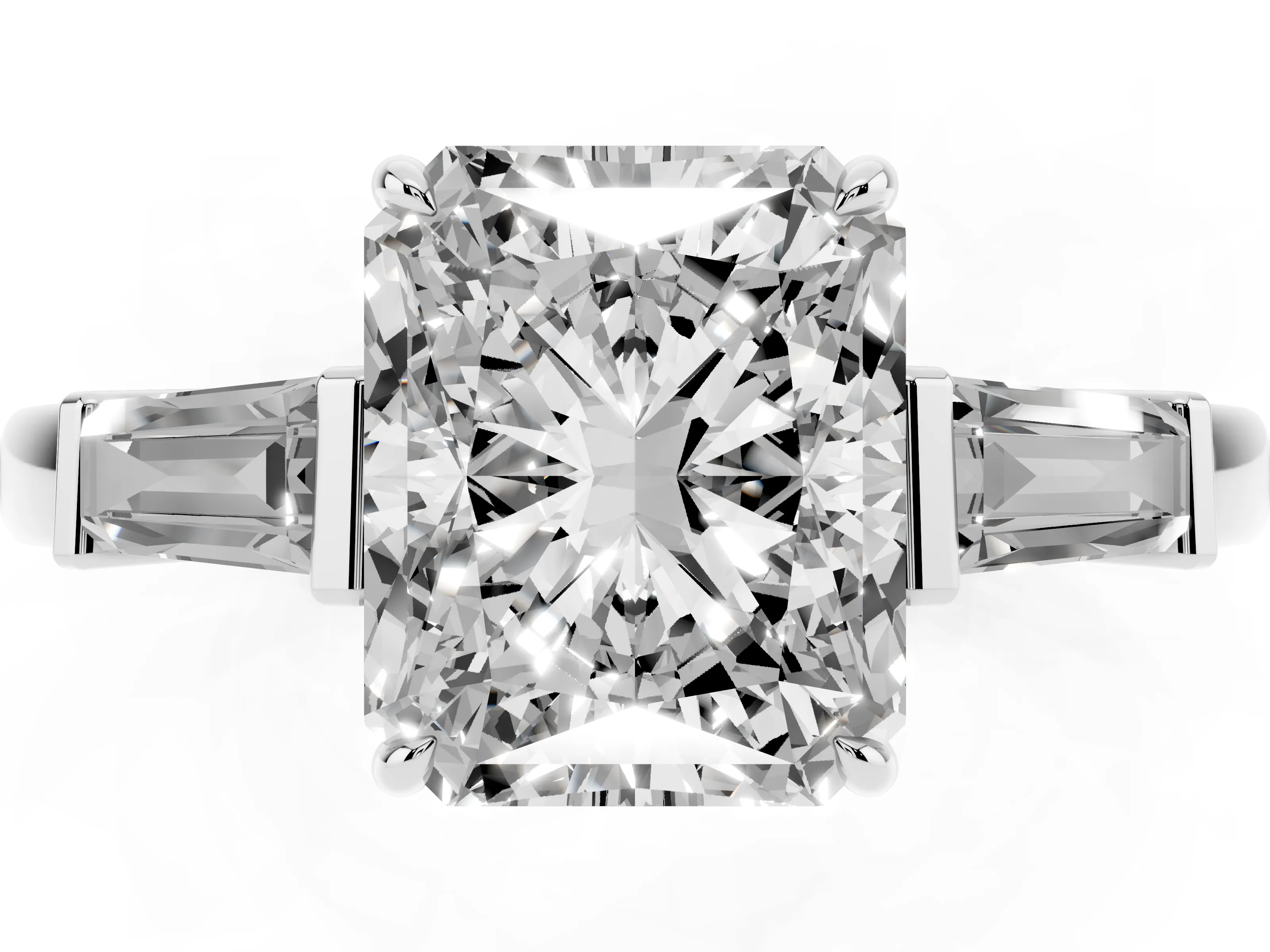 Radiant Cut Diamond Three-Stone Ring Set in White gold with Tapered Baguette Side Stones and Prong Setting
