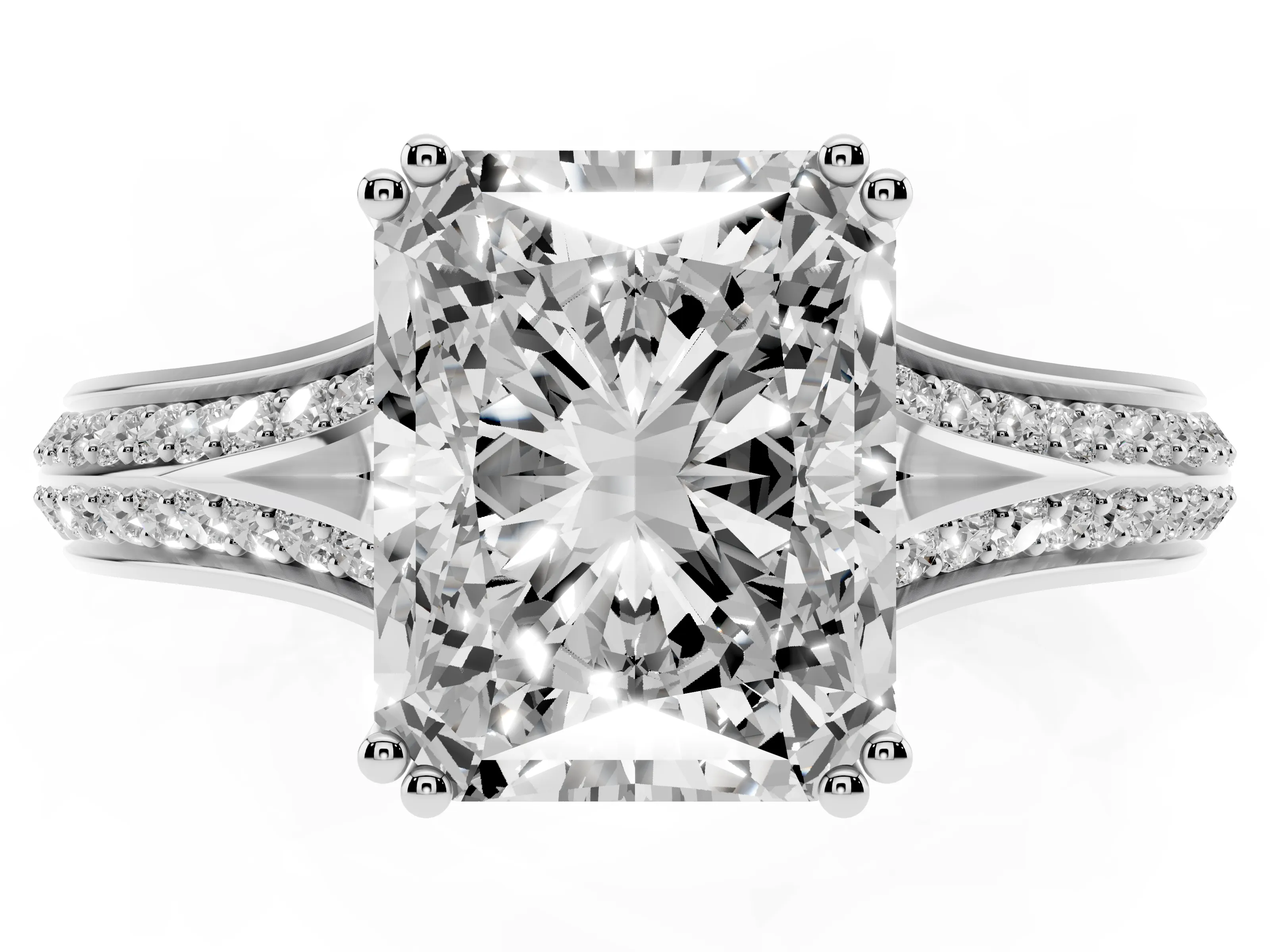 Radiant Cut Diamond Split Shank Pavé Engagement Ring Set in Platinum with Prong-Set Center Stone