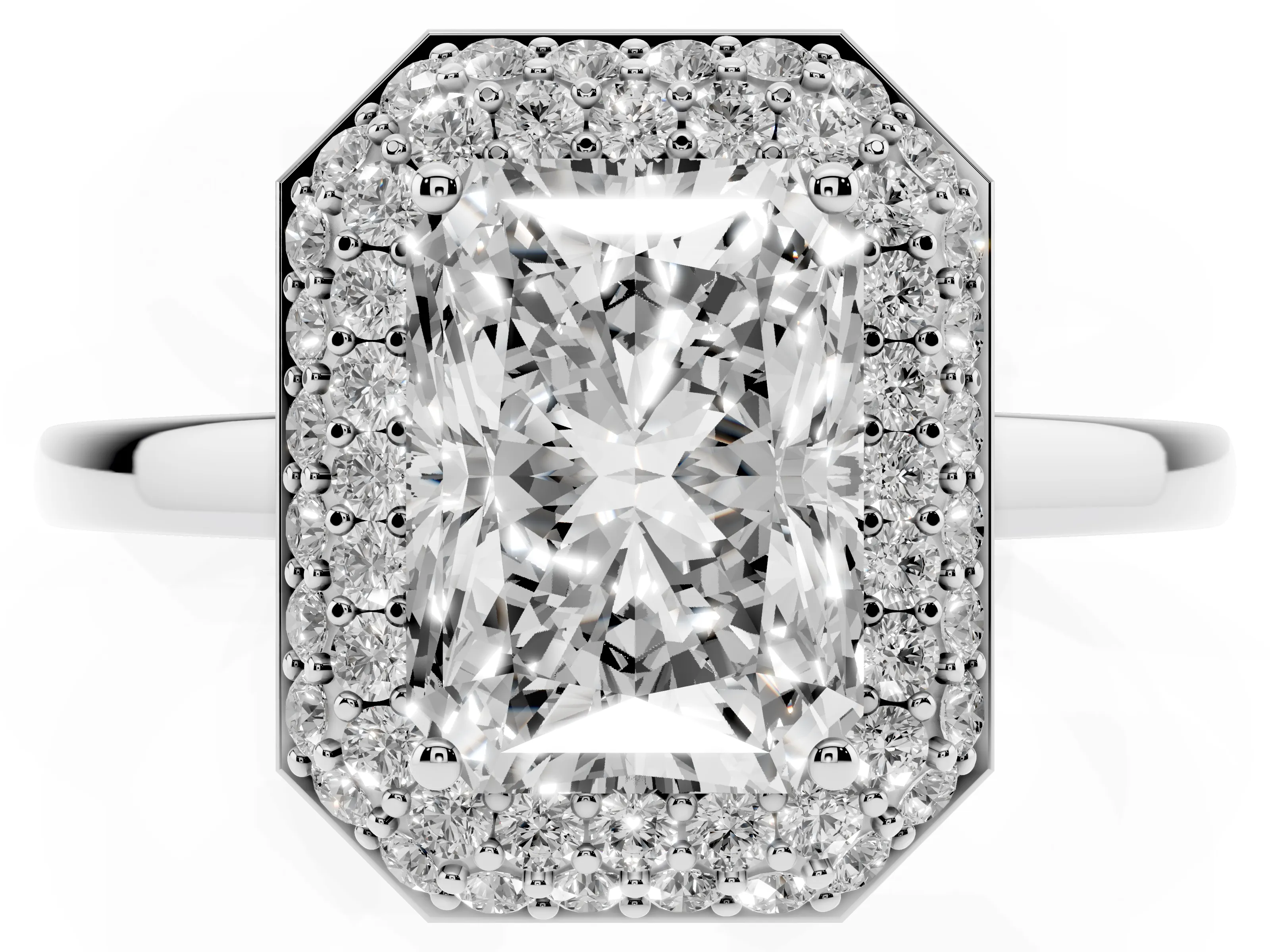 Radiant Cut Diamond Halo Engagement Ring Set in Platinum with Solitaire Band and Prong Setting