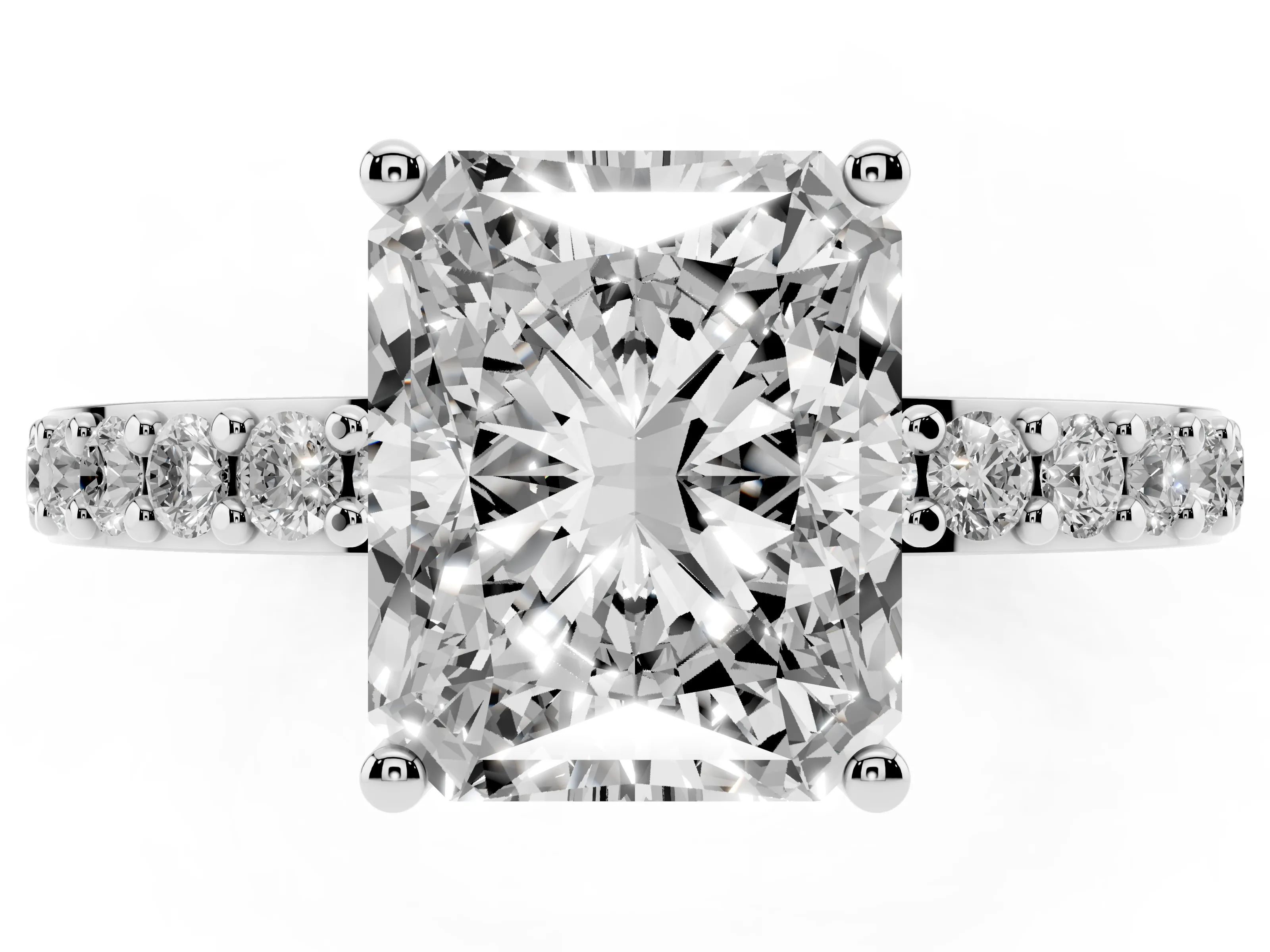 Radiant Cut Diamond Solitaire Set in White gold with Round Pavé Band and Prong Setting