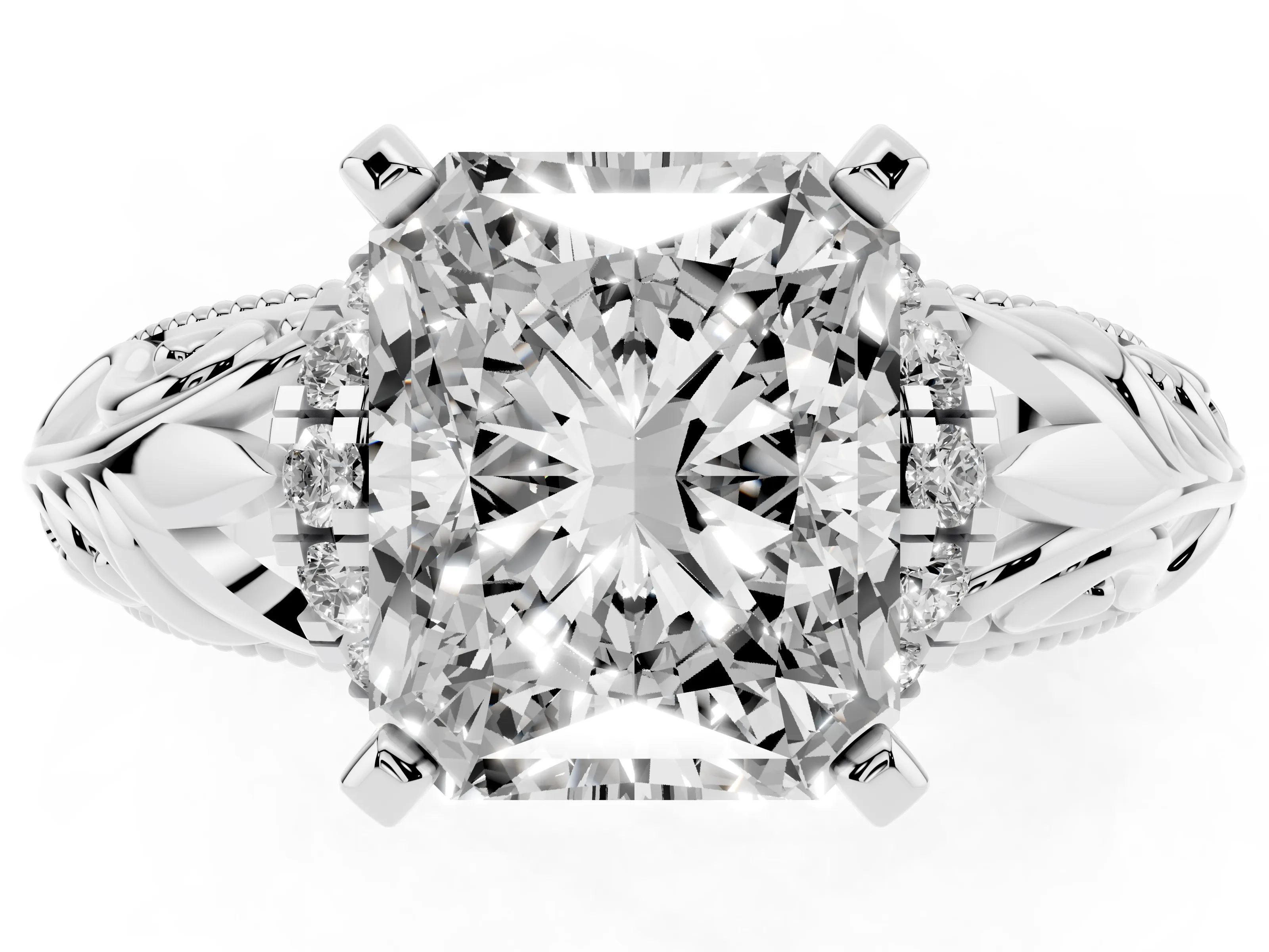 Radiant Cut Diamond Filigree Halo Engagement Ring Set in Silver with Prong Setting