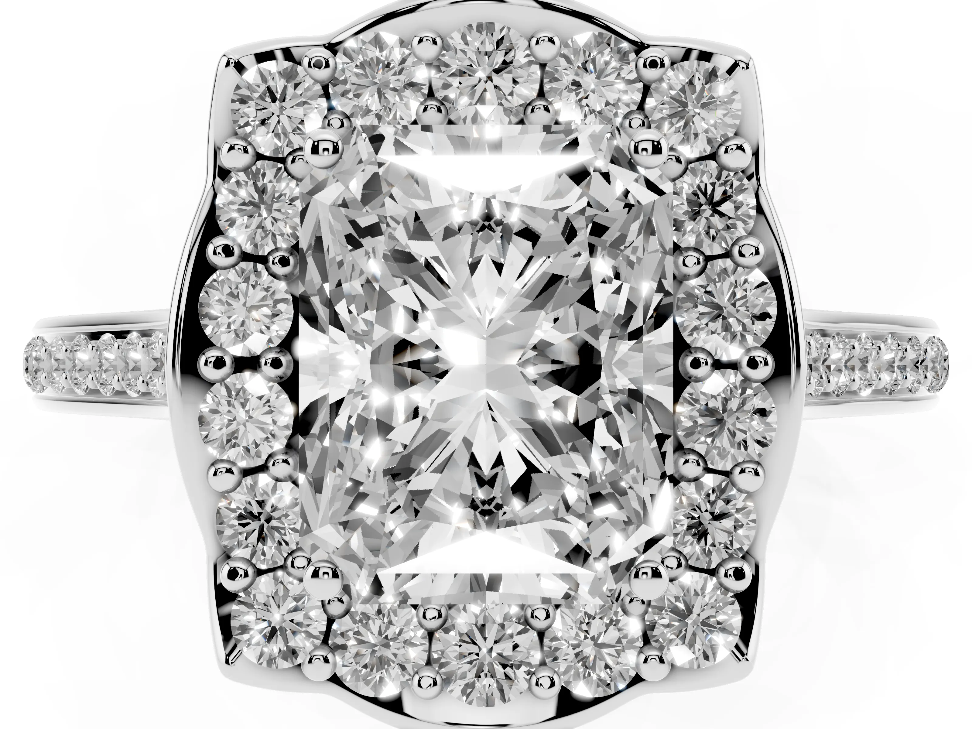 Radiant Cut Diamond Halo Ring Set in Silver with Pavé-Lined Shoulders and Prong Setting