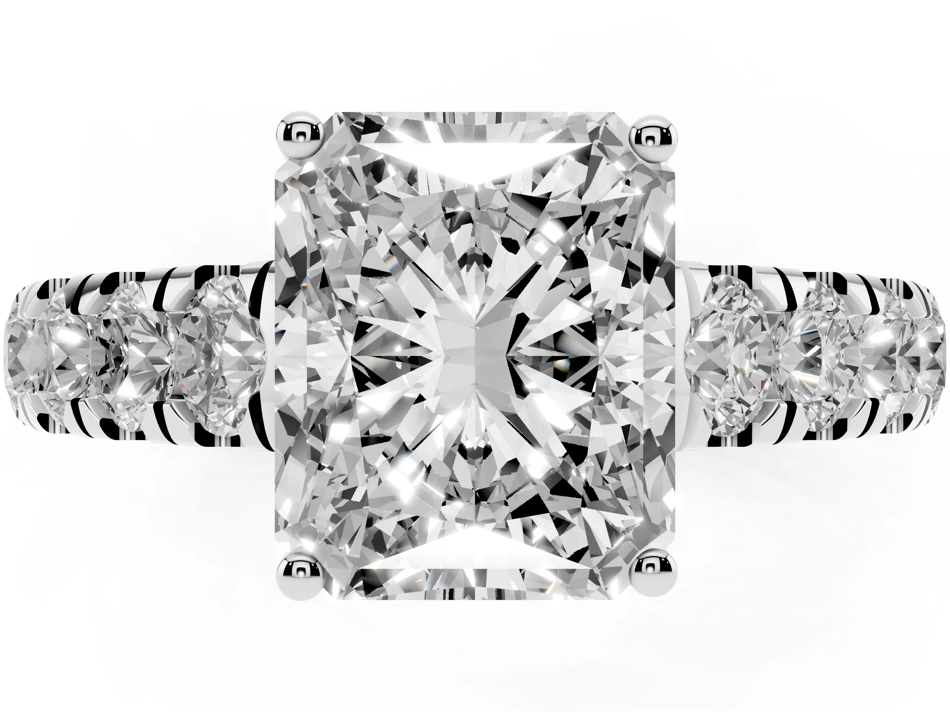 Radiant Cut Diamond Solitaire Ring Set in Silver with Cut-Down Micro Pavé Band and Prong Setting
