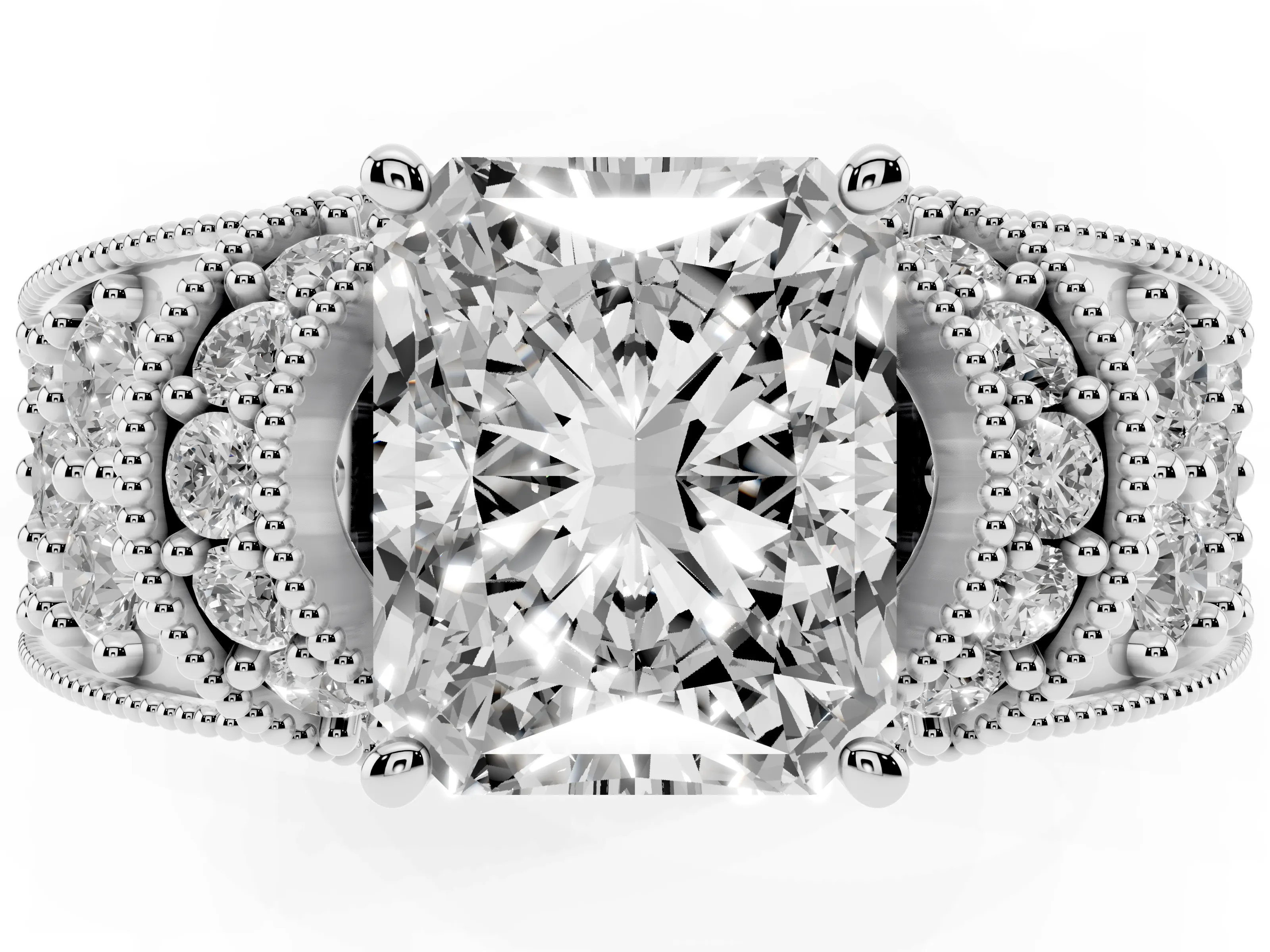 Radiant Cut Diamond Milgrain Halo Pavé Engagement Ring Set in Silver with Prong Setting