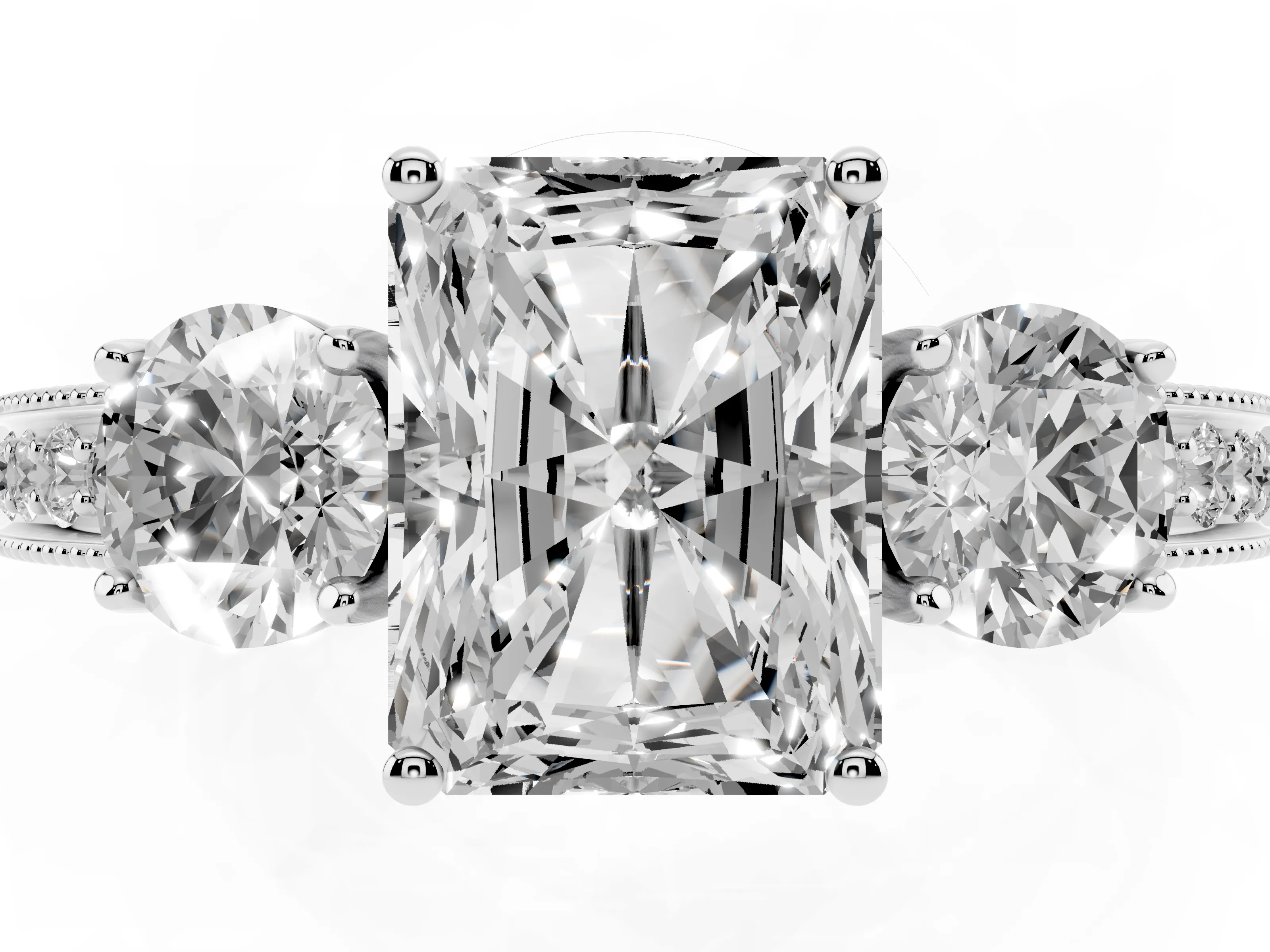 Radiant Cut Diamond Three-Stone Ring Set in White gold with Round Side Stones and Pavé Band
