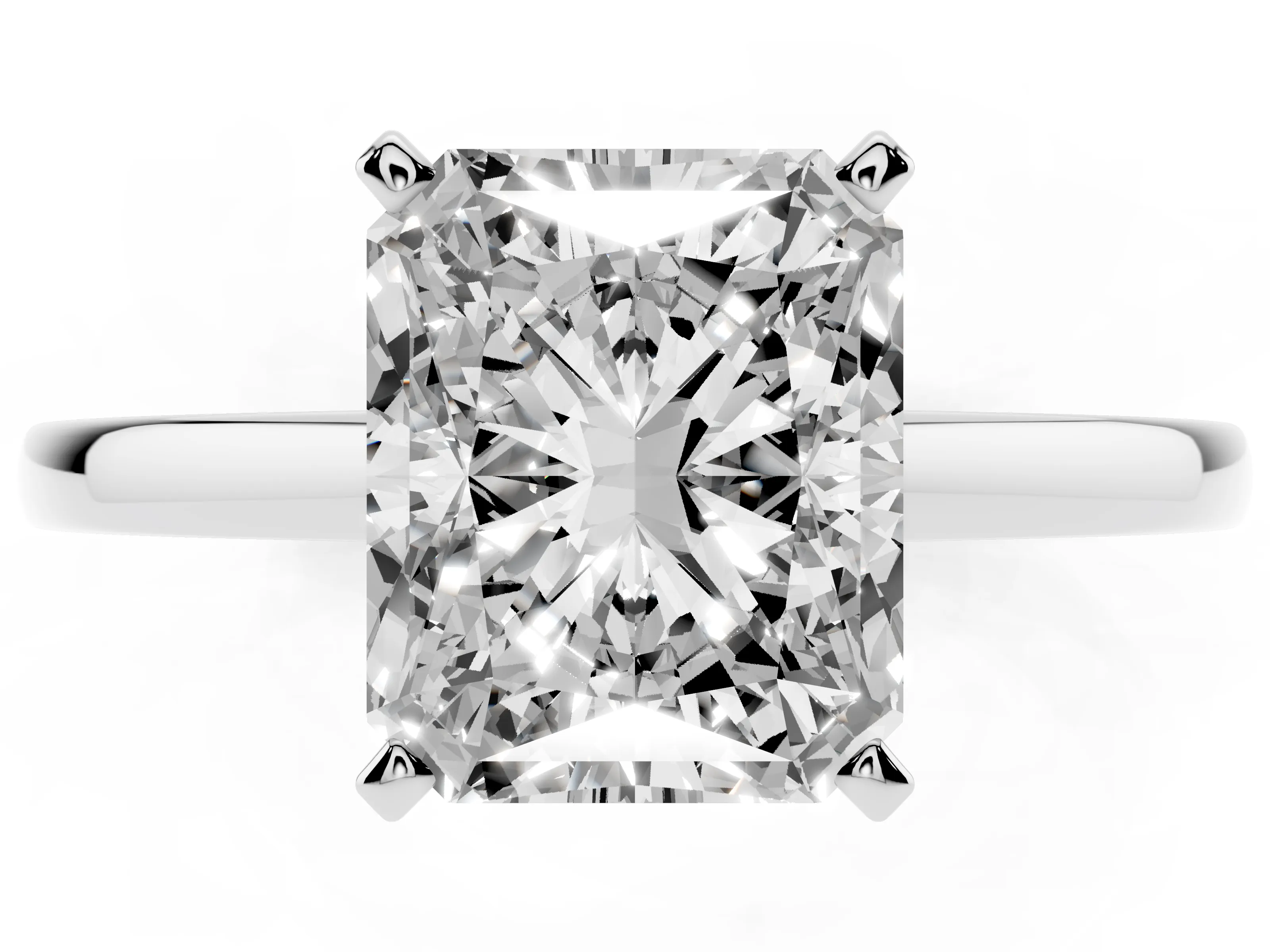 Radiant Cut Diamond Solitaire Engagement Ring Set in White gold with Prong Setting on a Classic Band