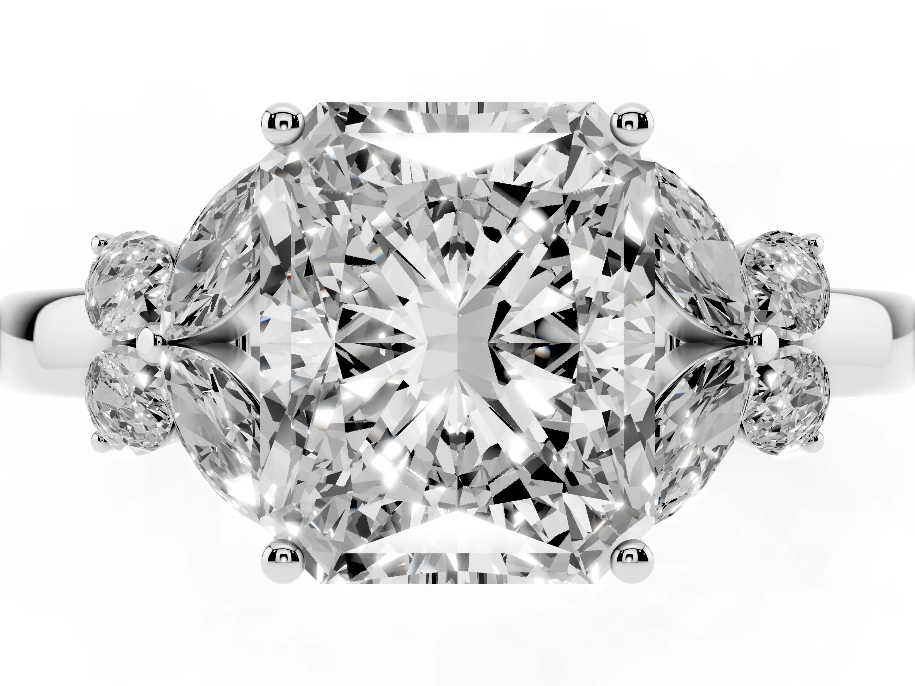 Radiant Cut Diamond Solitaire Floral Ring Set in White gold with Marquise Petals and Prong Setting