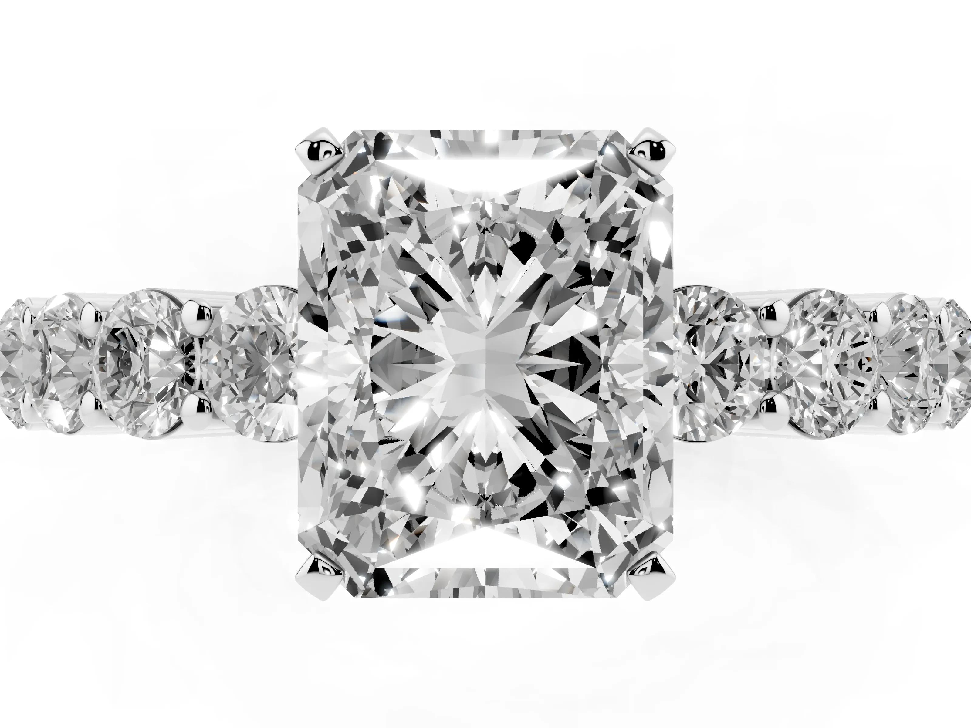 Radiant Cut Diamond Solitaire Ring Set in Silver with Shared Prong Round Side Stones