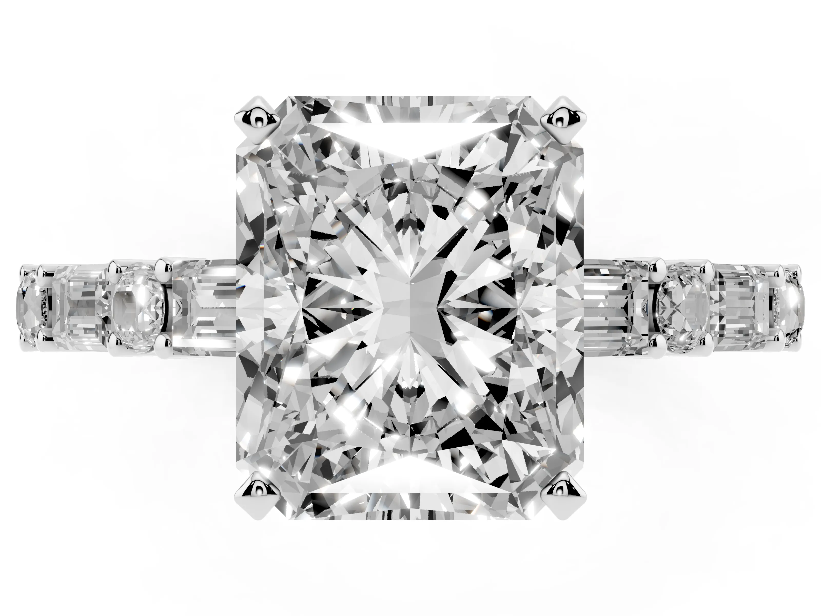 Radiant Cut Diamond Solitaire Set in White gold with Side Baguettes and Channel Set Band