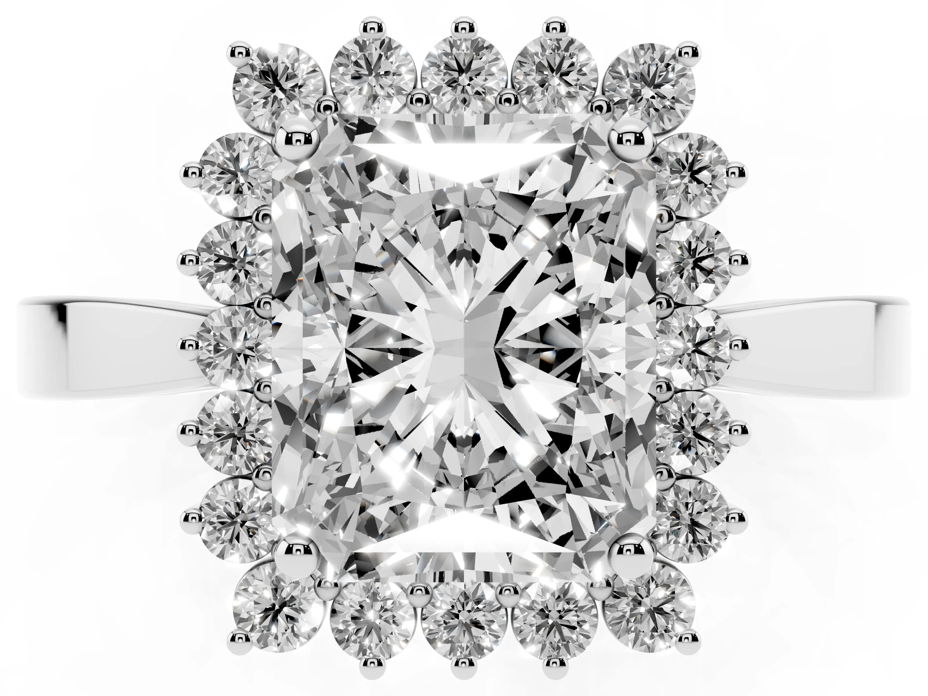 Radiant Cut Diamond Halo Ring Set in White gold with Round Halo and Smooth Solitaire Band