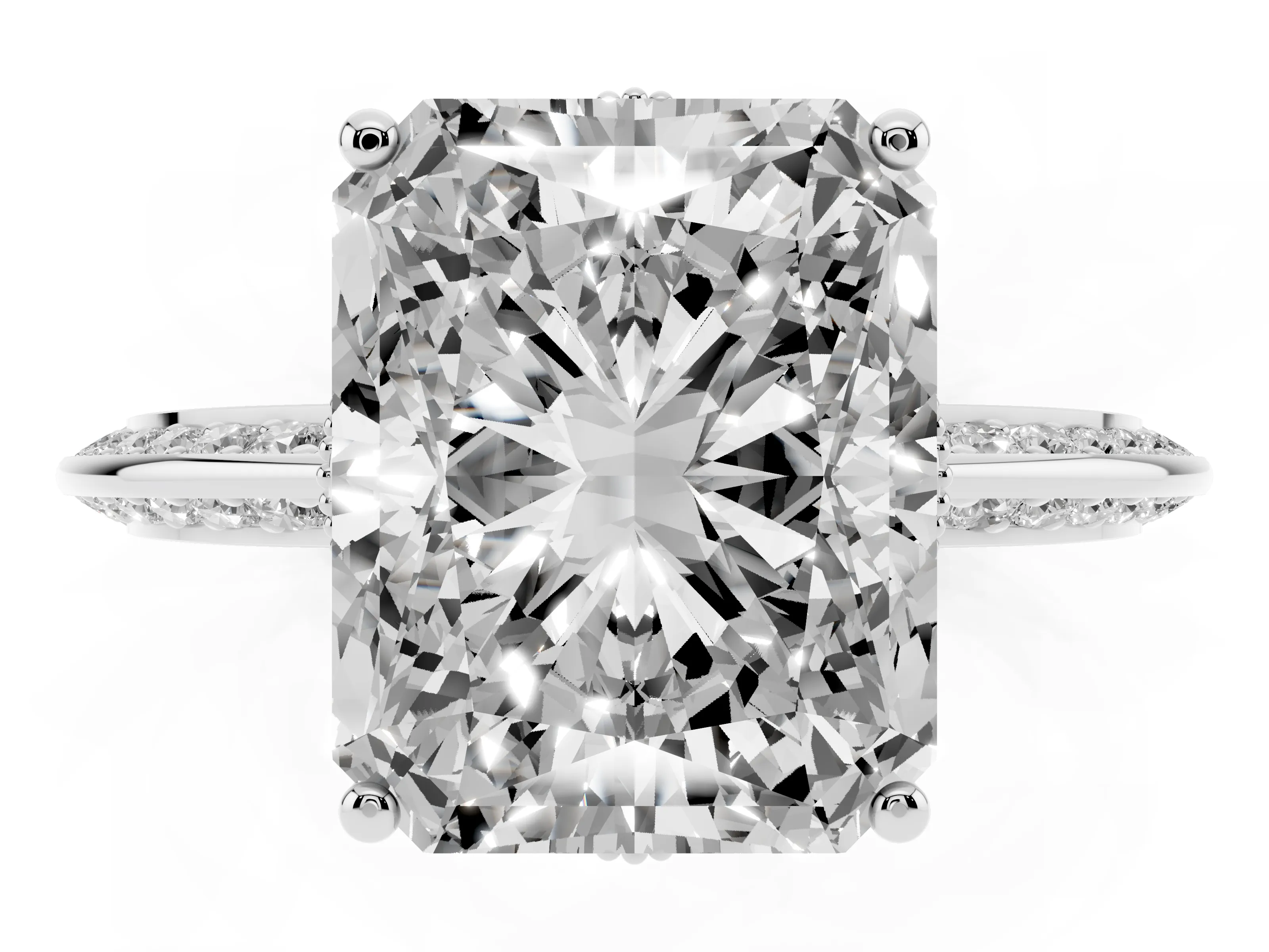 Radiant Cut Diamond Solitaire Engagement Ring Set in Silver with Pavé Split Shank and Prong Setting